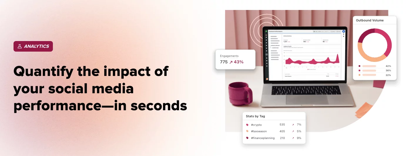 Laptop screen showing Sprout Social analytics dashboard with engagement stats and outbound volume chart.