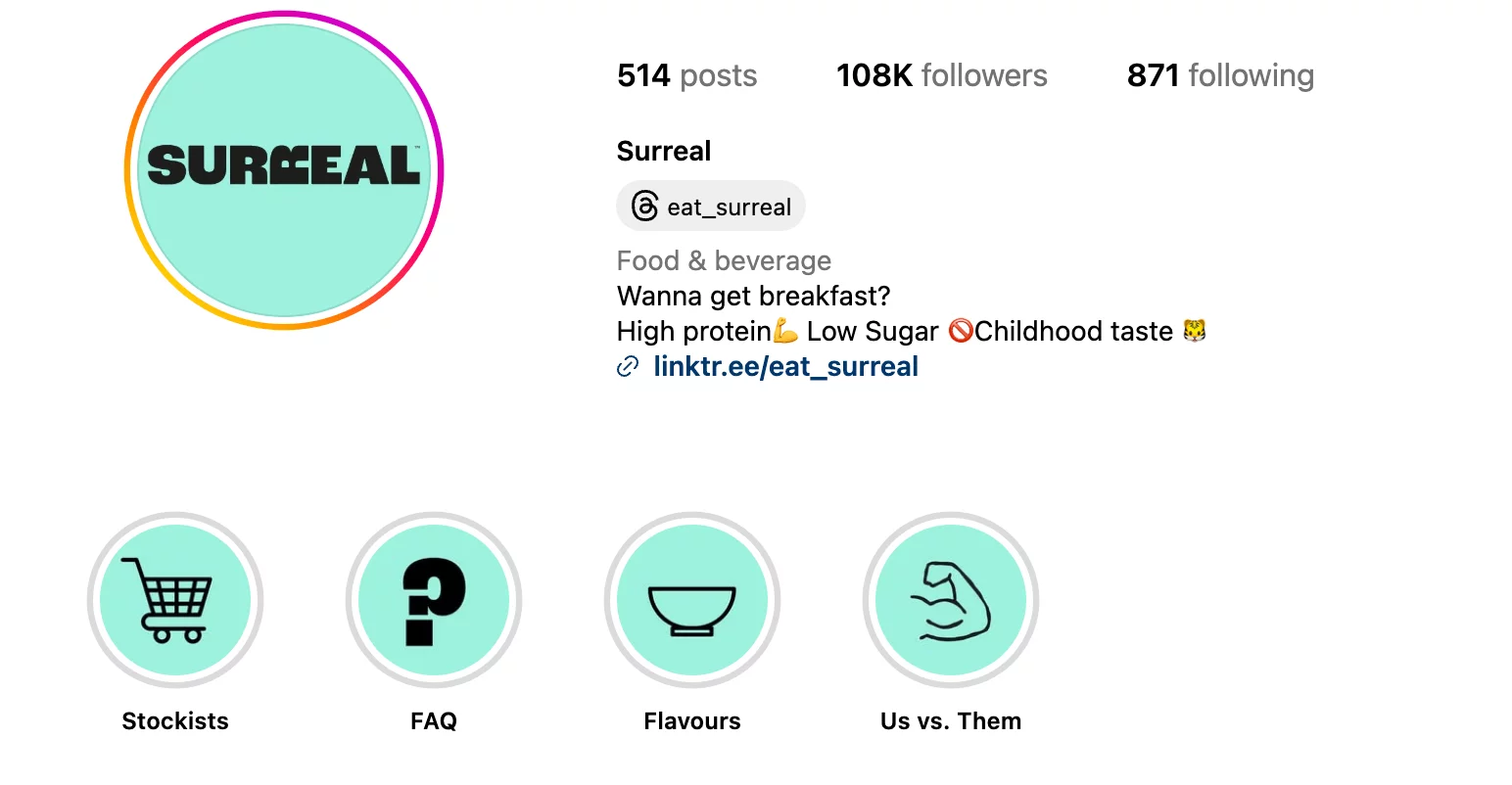 Surreal Instagram profile with brand bio promoting high-protein, low-sugar cereal and story highlights.