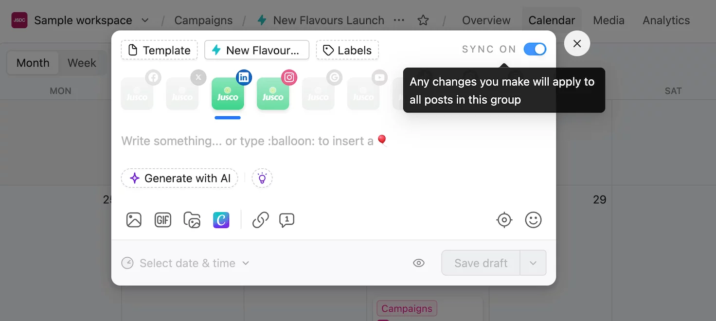 Planable post editor with sync feature enabled to apply changes across grouped social media posts.