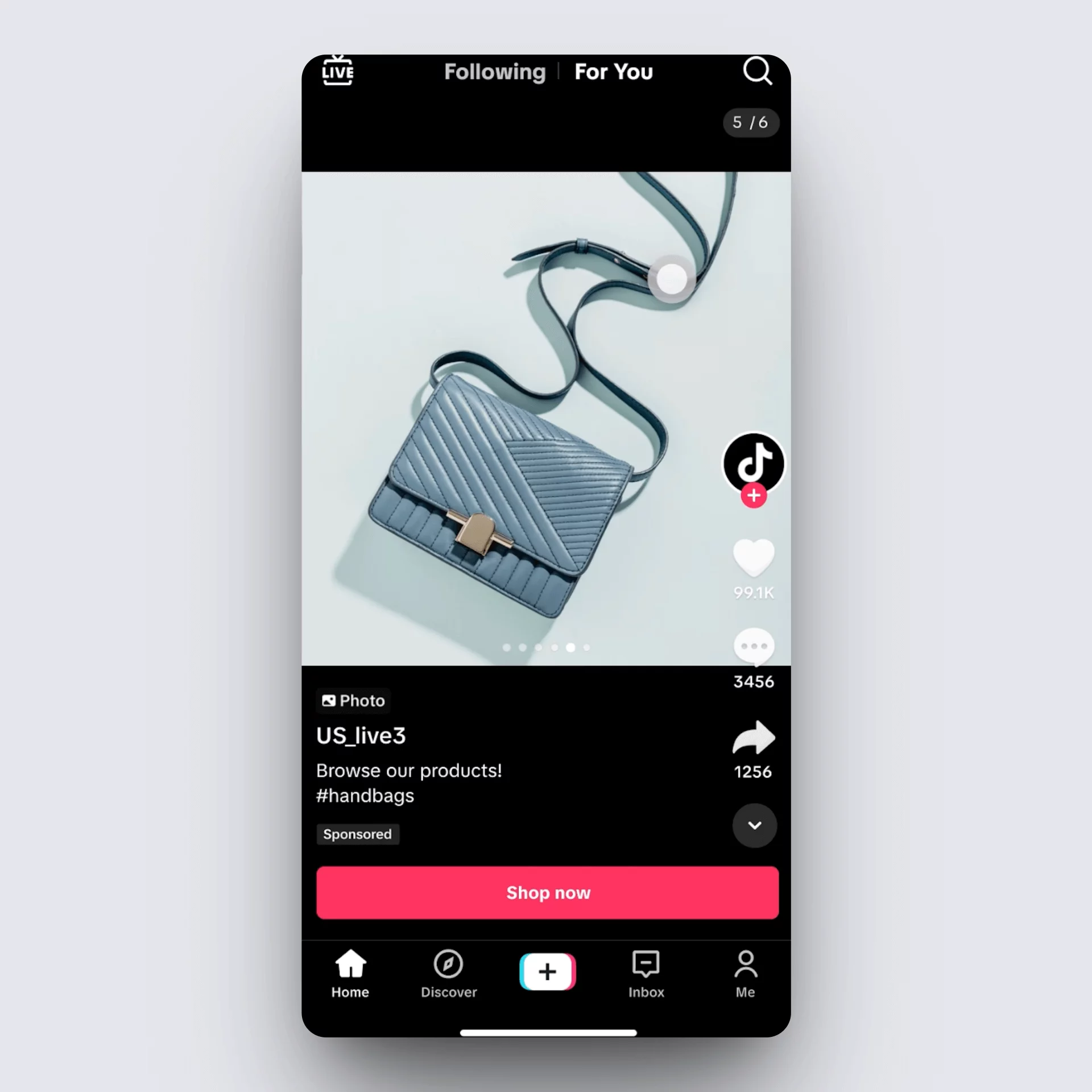 TikTok carousel ad featuring a blue quilted handbag on white background with shop now button.