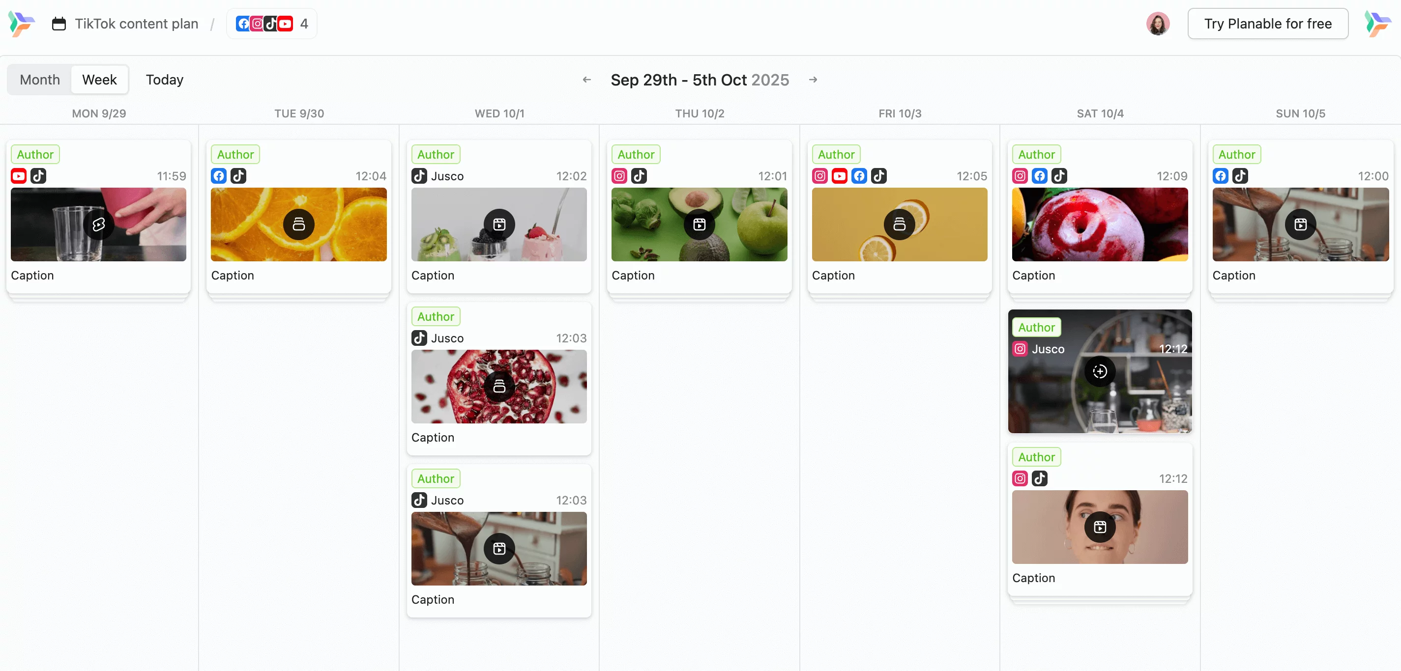 Weekly TikTok content calendar in Planable with scheduled videos for multiple platforms and visual thumbnails.