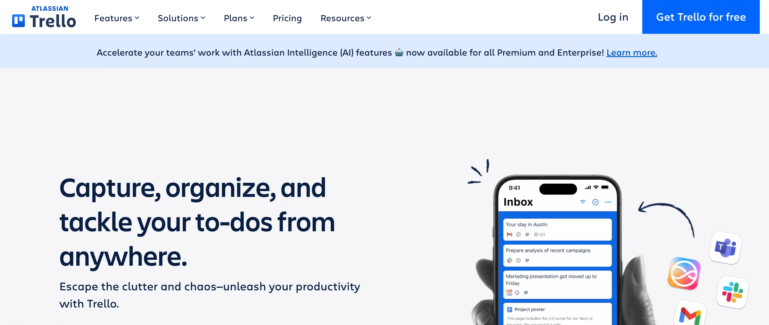 Trello homepage with mobile task list and integrations like Slack and Gmail shown beside it.