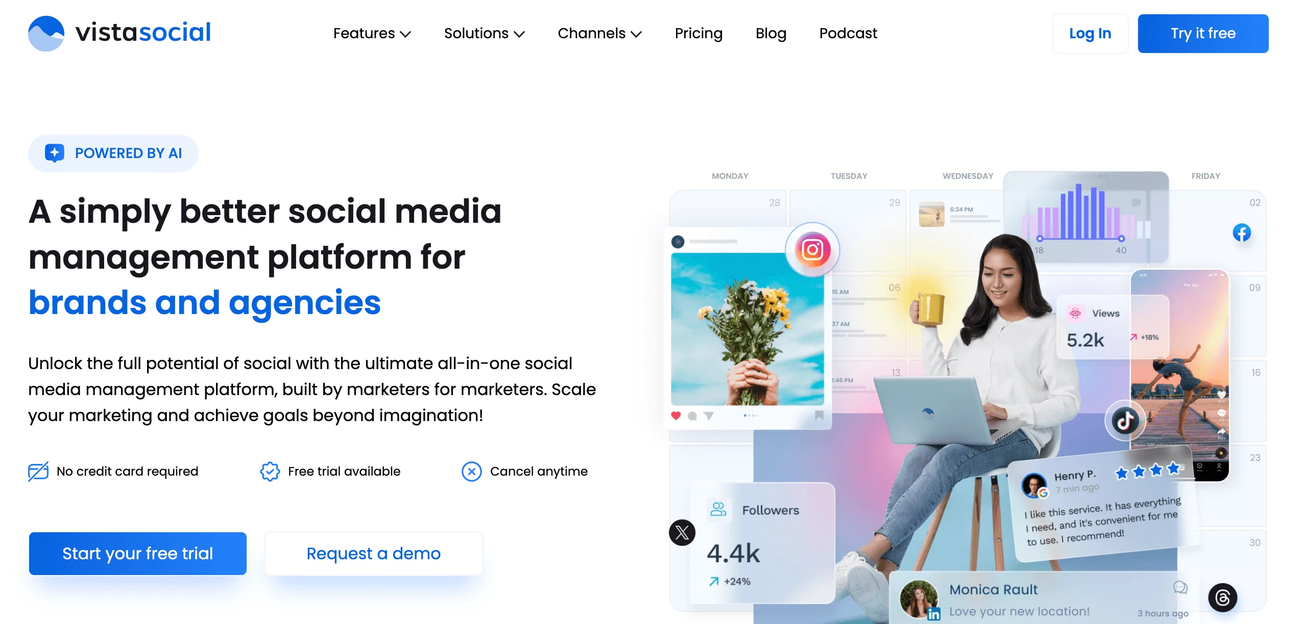 Vista Social homepage with woman using laptop, surrounded by calendar and engagement stats.