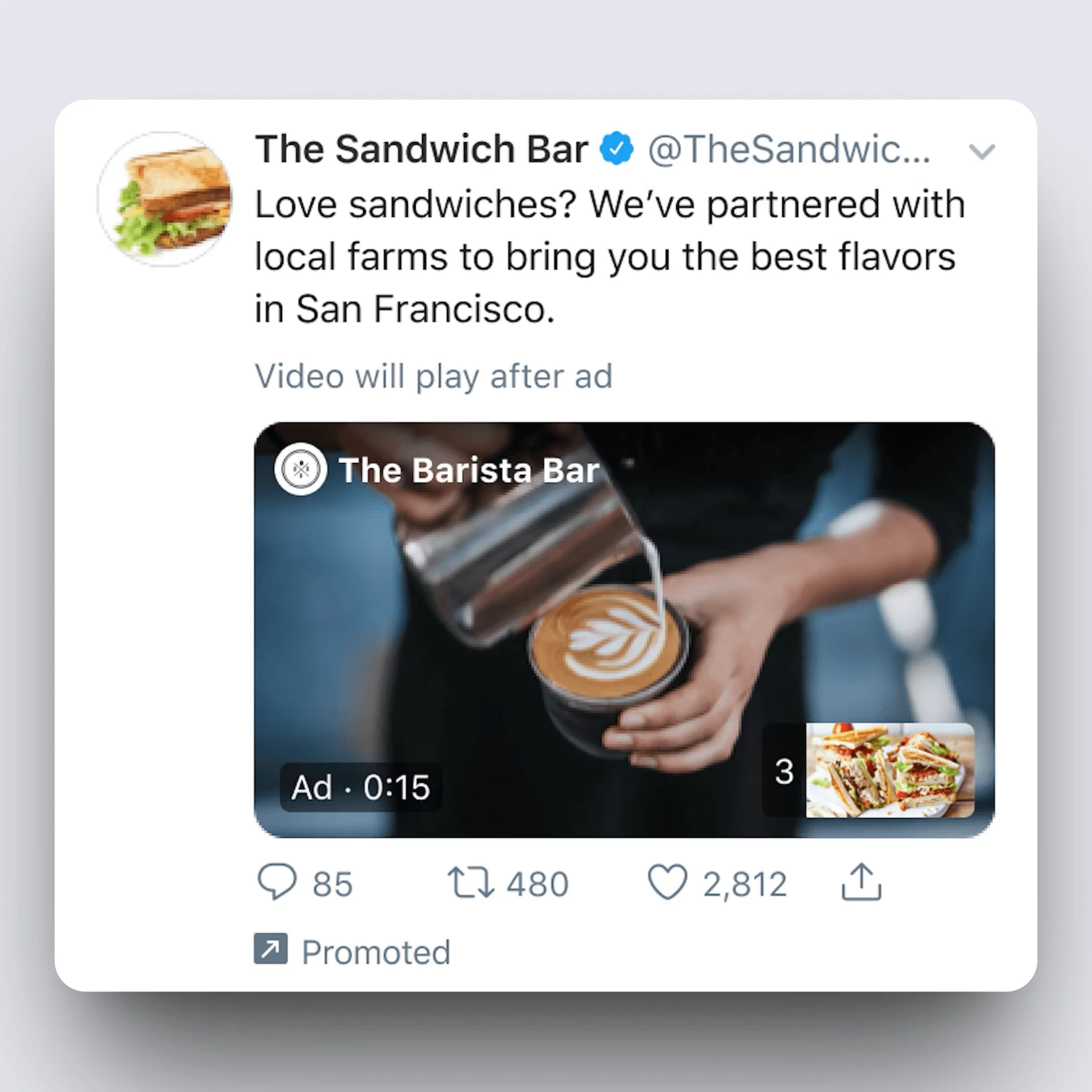 X pre-roll ad with barista pouring latte art into cup, showing sandwich preview and video timer.