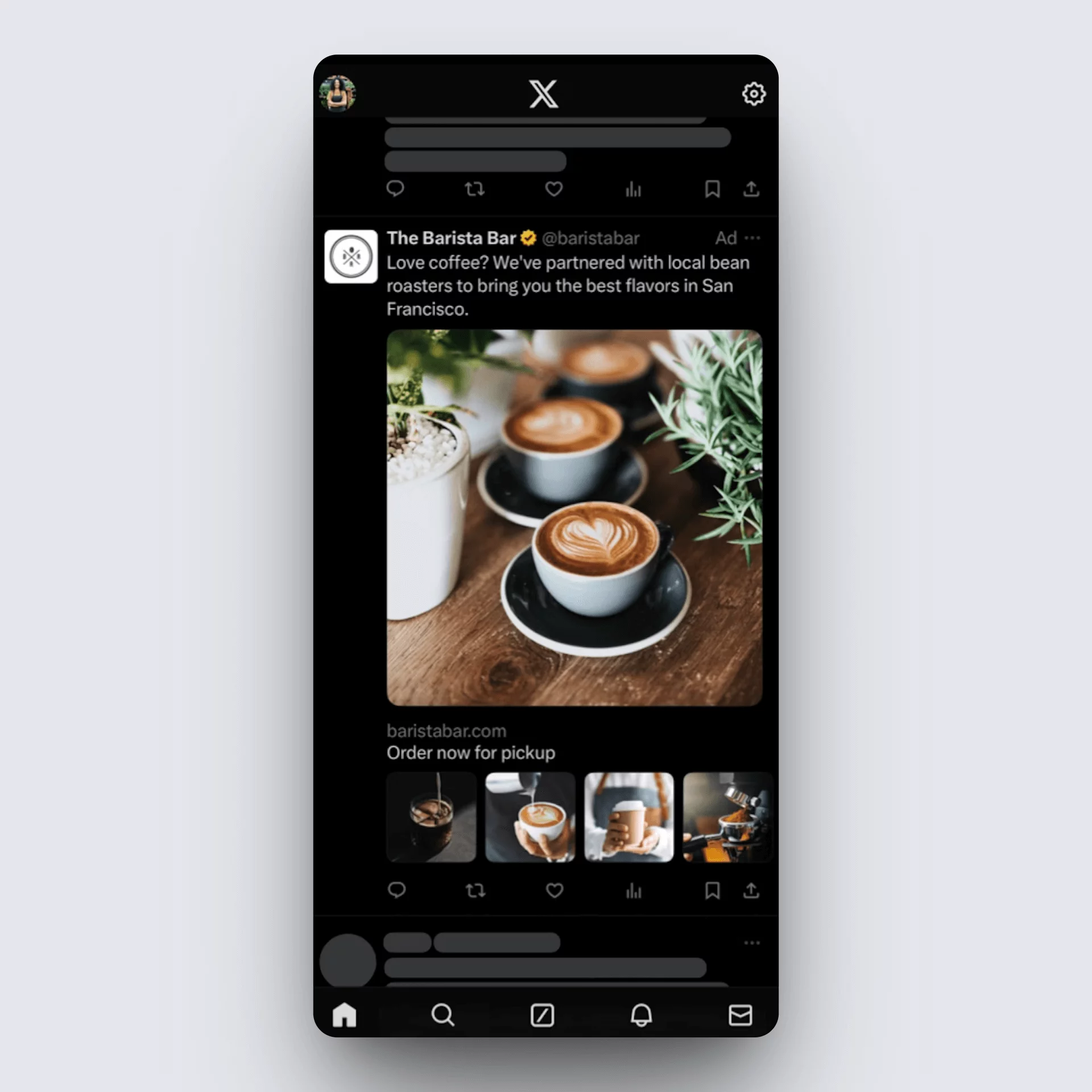 Collection ad on X with latte art in black cups and thumbnail row of related coffee content.