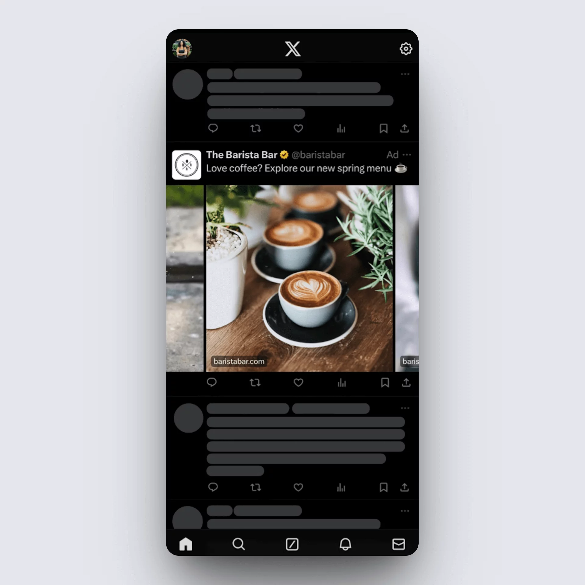 Promoted ad on X featuring latte art in cozy café setting with plants and branded URL below.