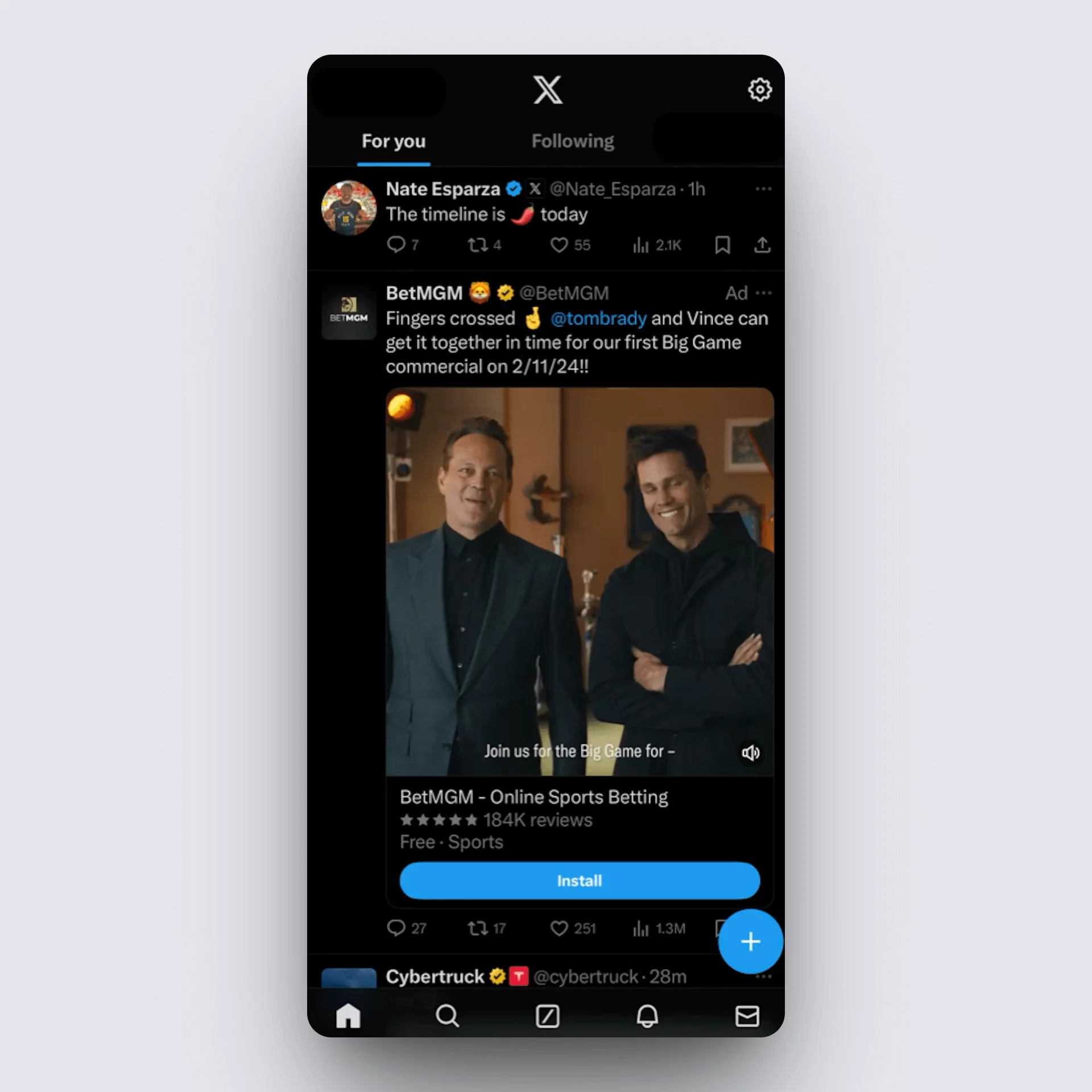 Takeover ad on X with Tom Brady and Vince Vaughn promoting BetMGM sports betting app.