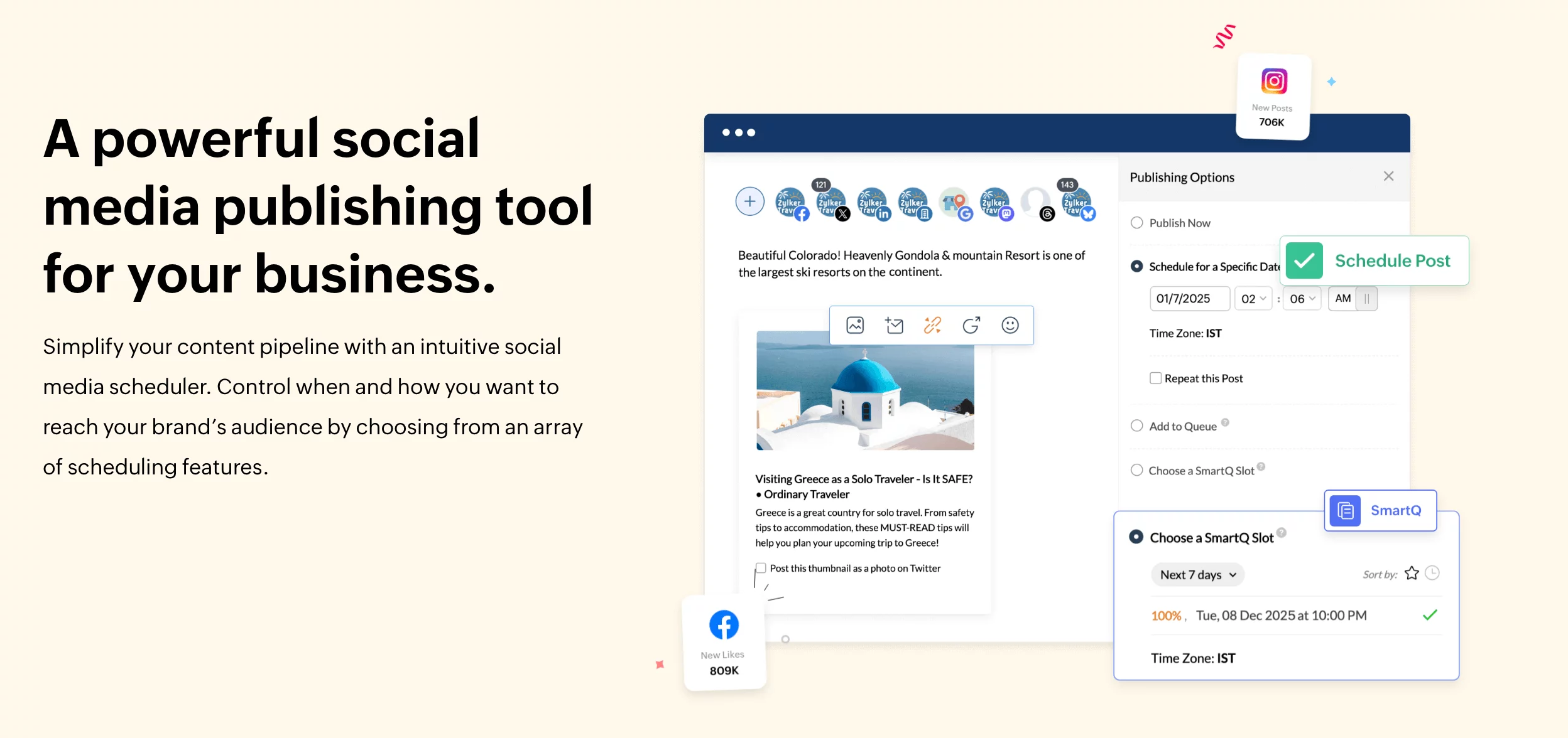 Social media scheduler showing post creation, platform selection, and publishing options in Zoho Social.