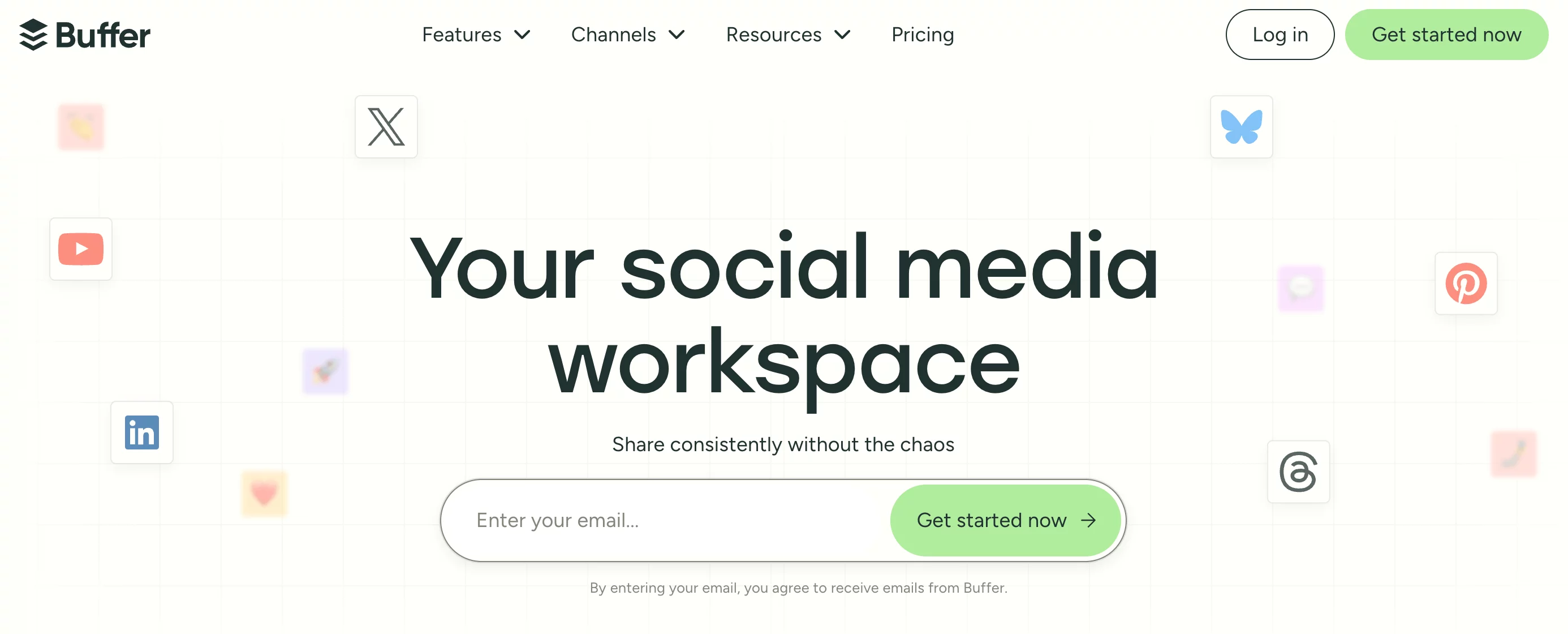 Buffer homepage with tagline “Your social media workspace” and scheduling on social media platforms icons.
