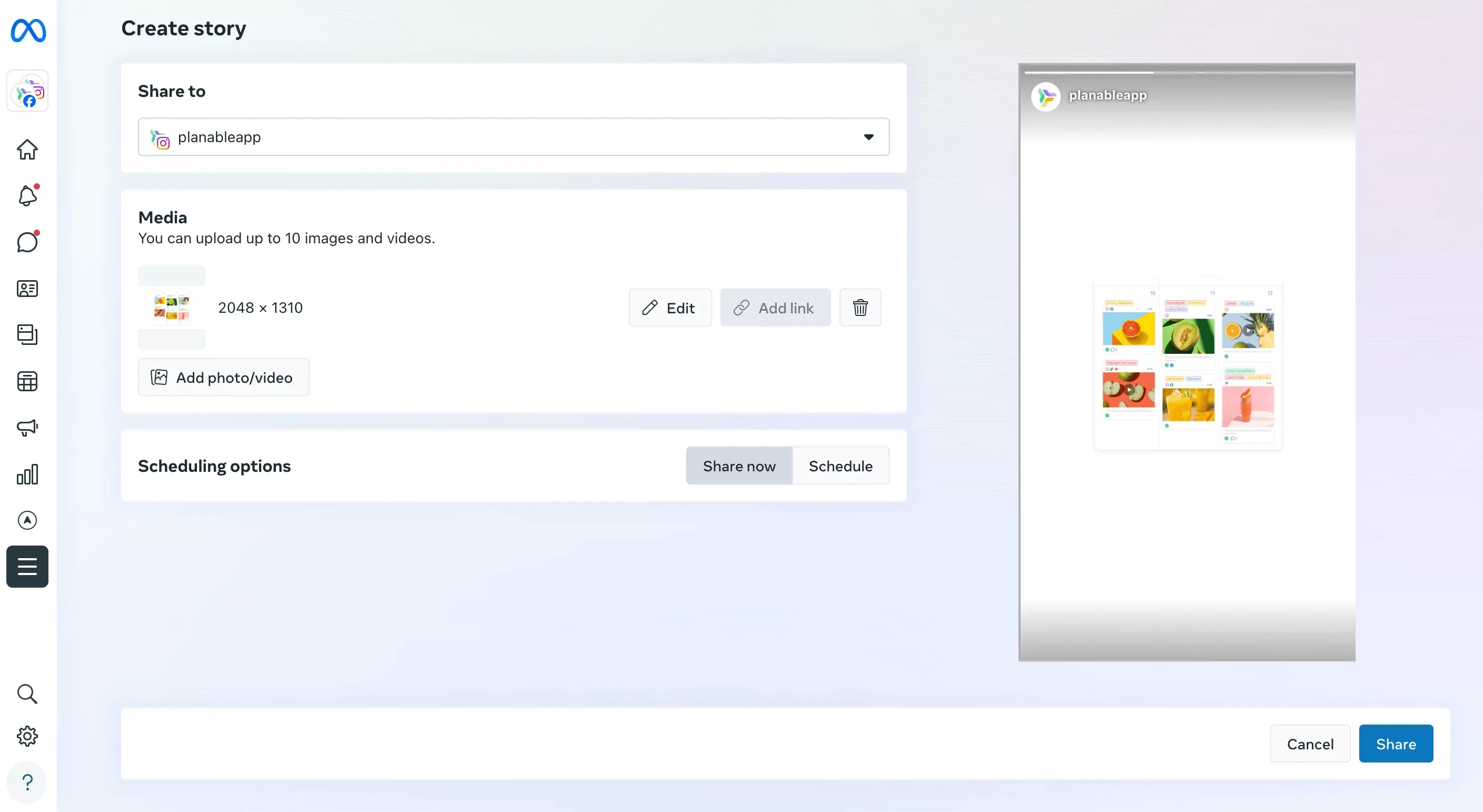 Aperçu d’une story Instagram dans Meta Business Suite avec une image téléchargée prête à être partagée.