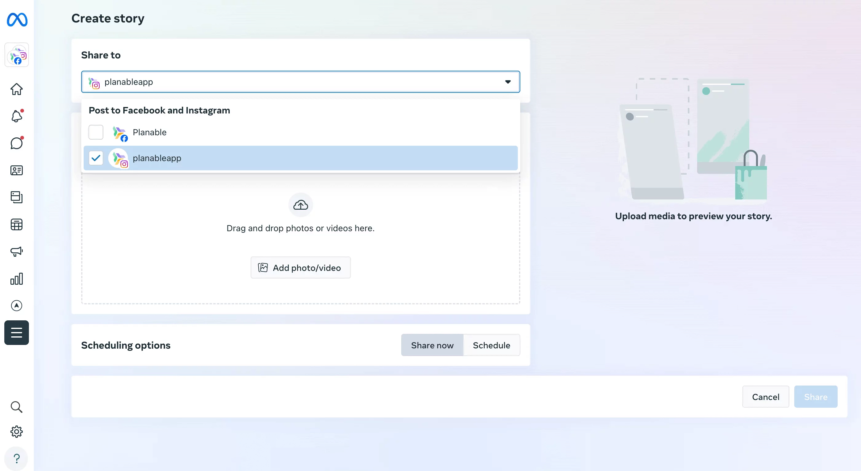 Interface Meta Business Suite avec option pour sélectionner la page Instagram à publier.