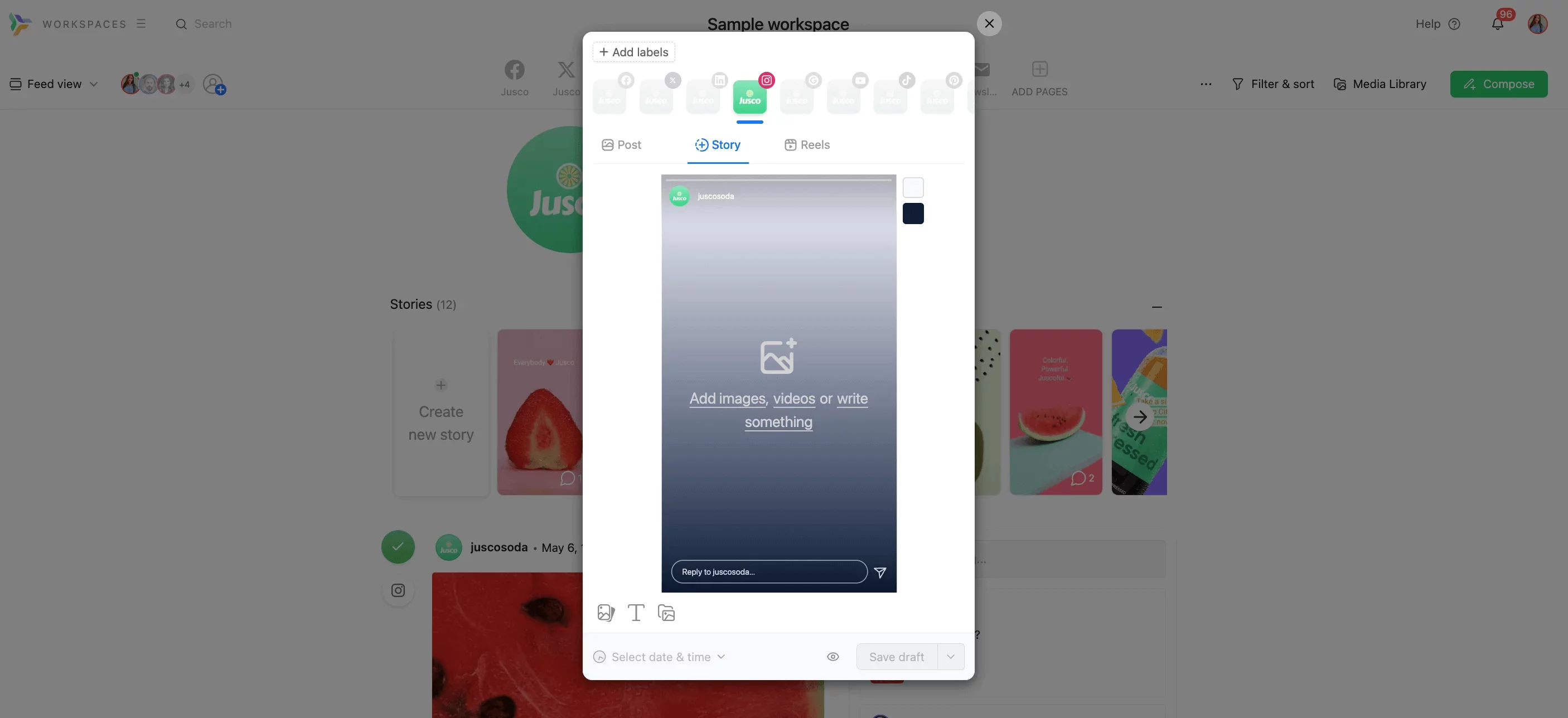 Interface Planable montrant une story Instagram en cours de création avec ajout d’images.