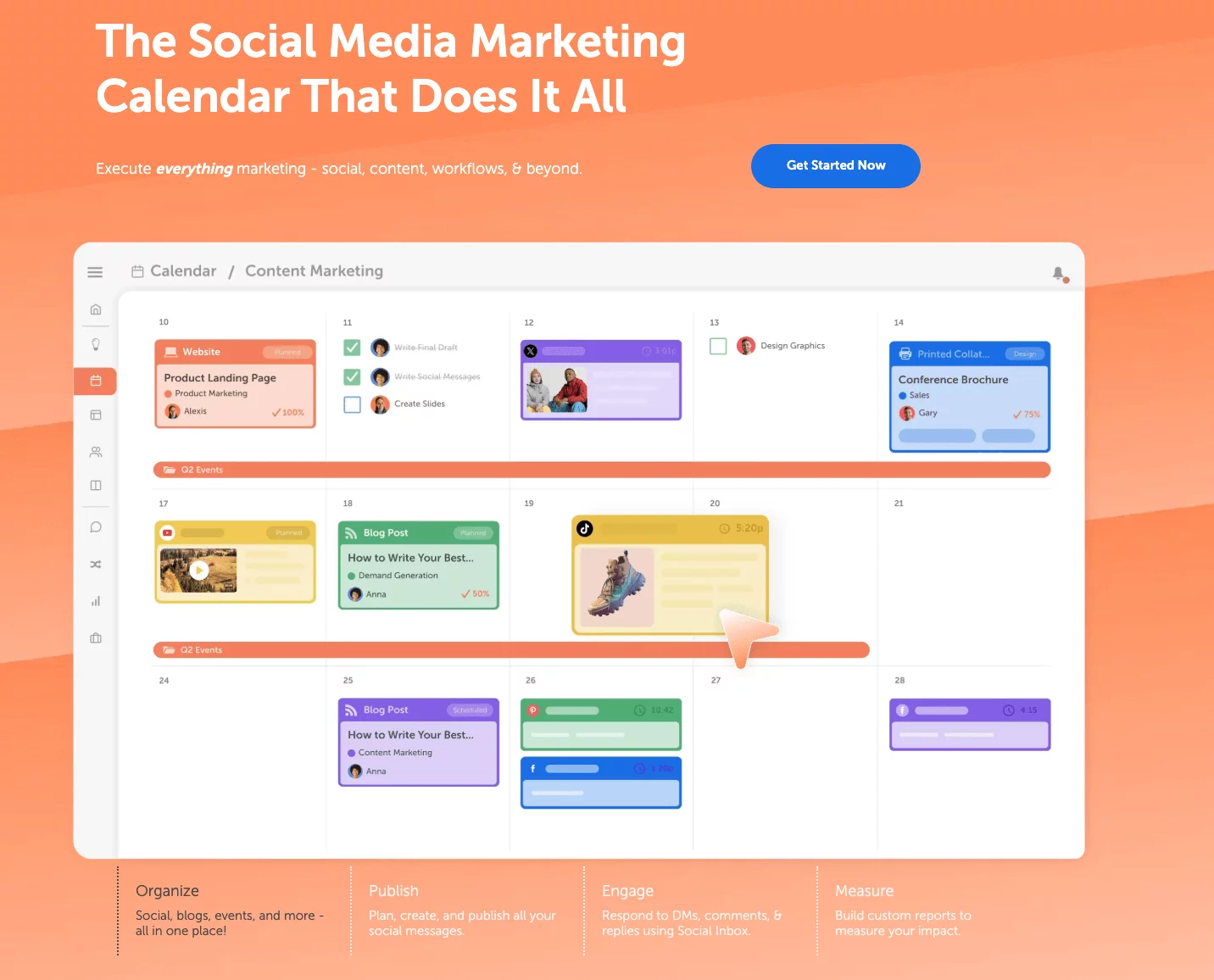 Marketing calendar interface showing scheduled blogs, videos, and design tasks in a colorful weekly view.