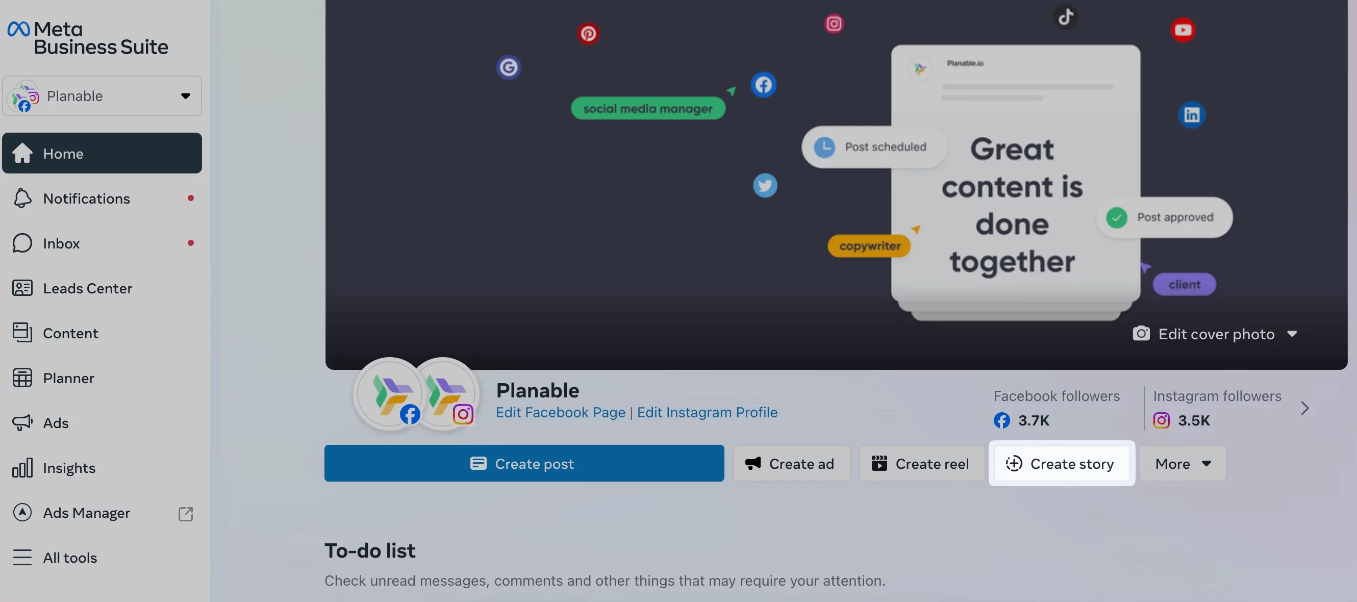 Tableau de bord Meta Business Suite avec bouton pour créer une story Instagram.