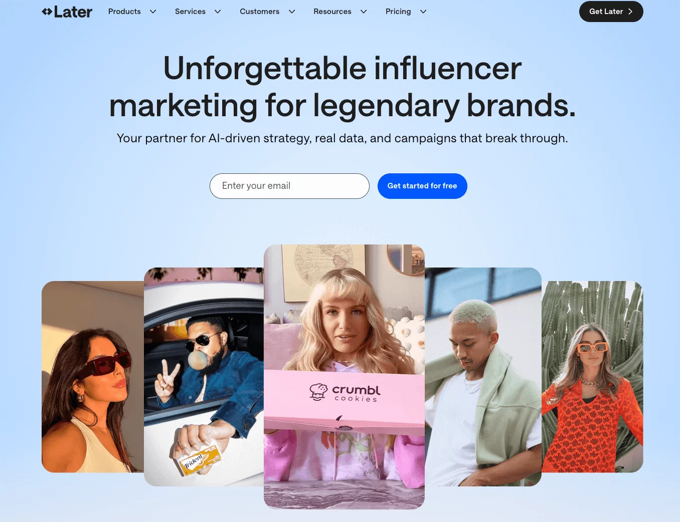 Influencers featured on Later homepage promoting brands with the tagline about AI-driven marketing strategy.