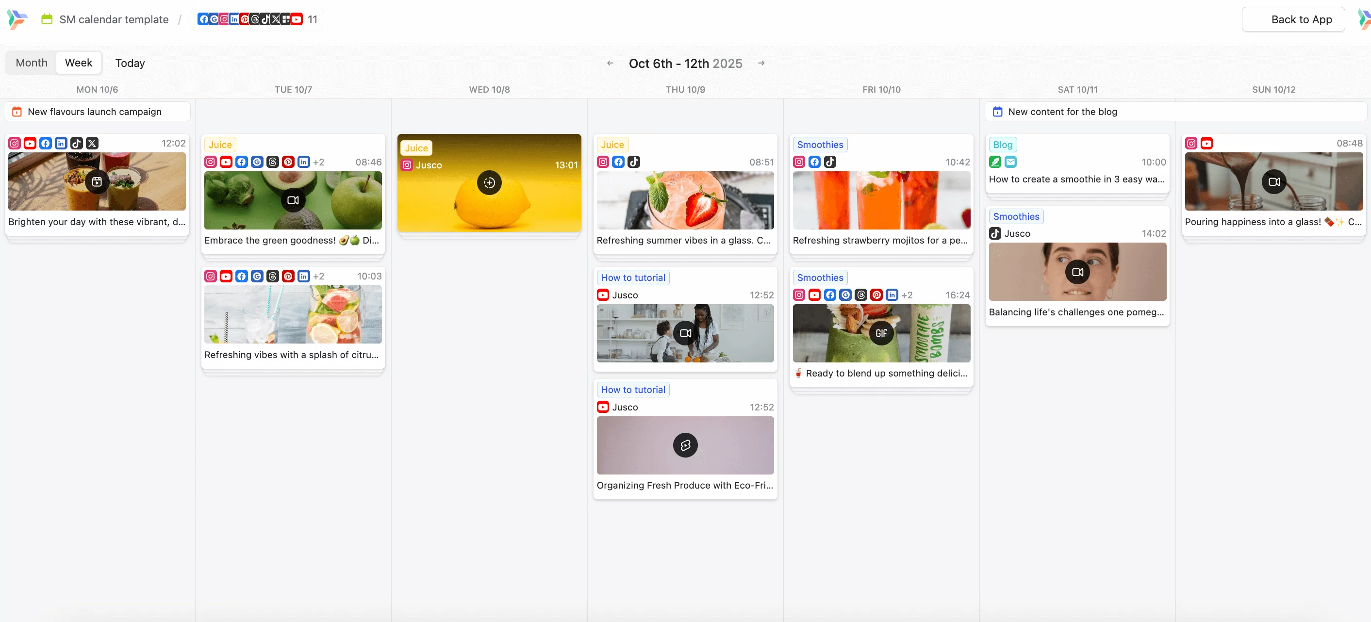 Weekly social media calendar showing posts on smoothies, juices, tutorials, and blog content.