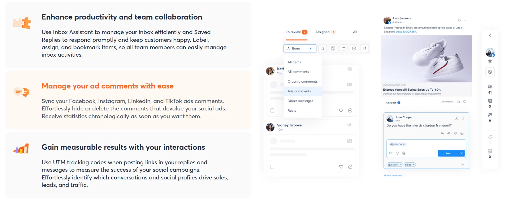 Manage inboxes, ad comments, and social interactions with Agorapulse's streamlined collaboration tools.