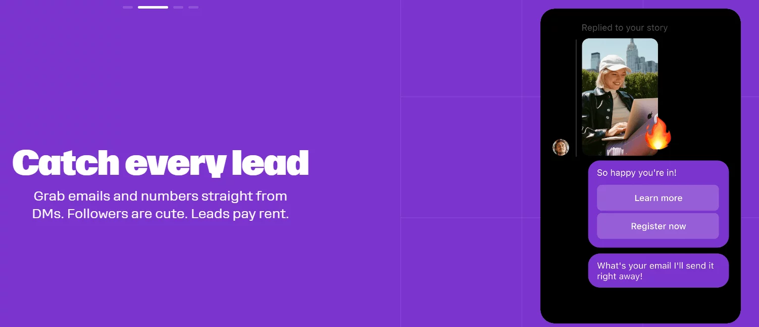 Automated Instagram DM flow with lead capture options like “Learn more” and “Register now” on purple UI.