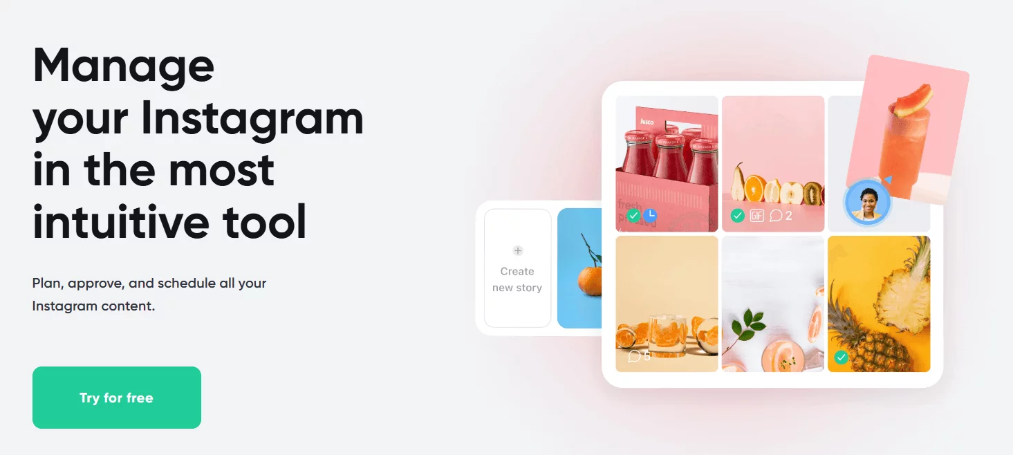Grid view of scheduled Instagram posts featuring food and drink visuals in Planable's content planner.
