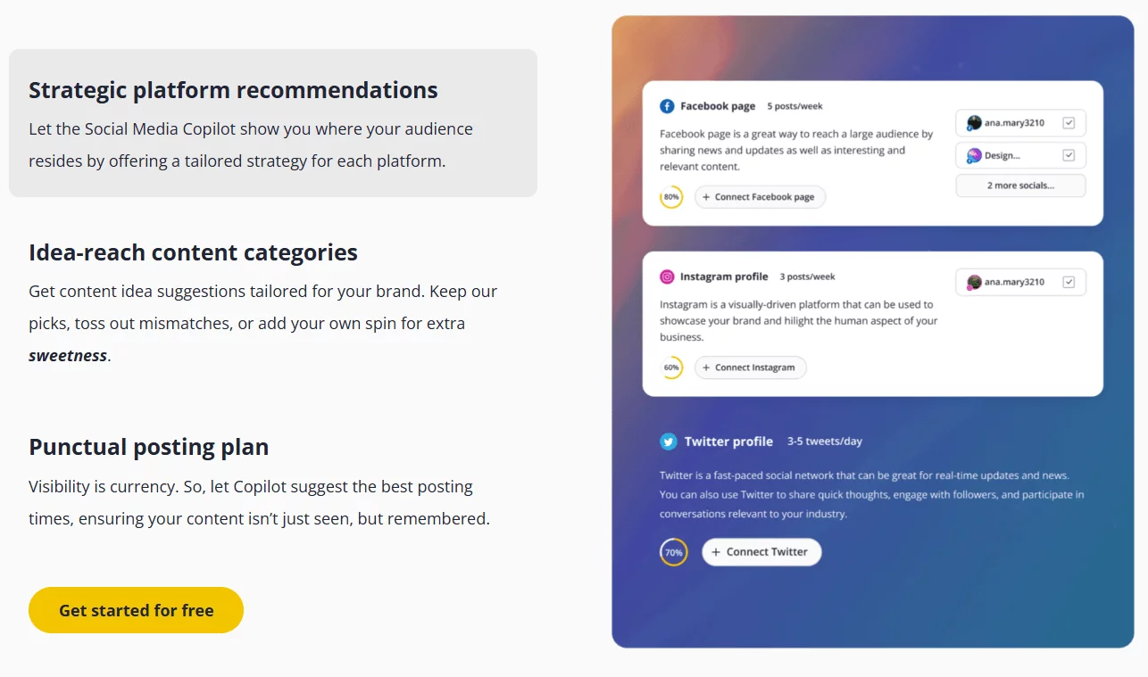 SocialBee dashboard suggesting ideal post frequency and categories for Facebook, Instagram, and Twitter.