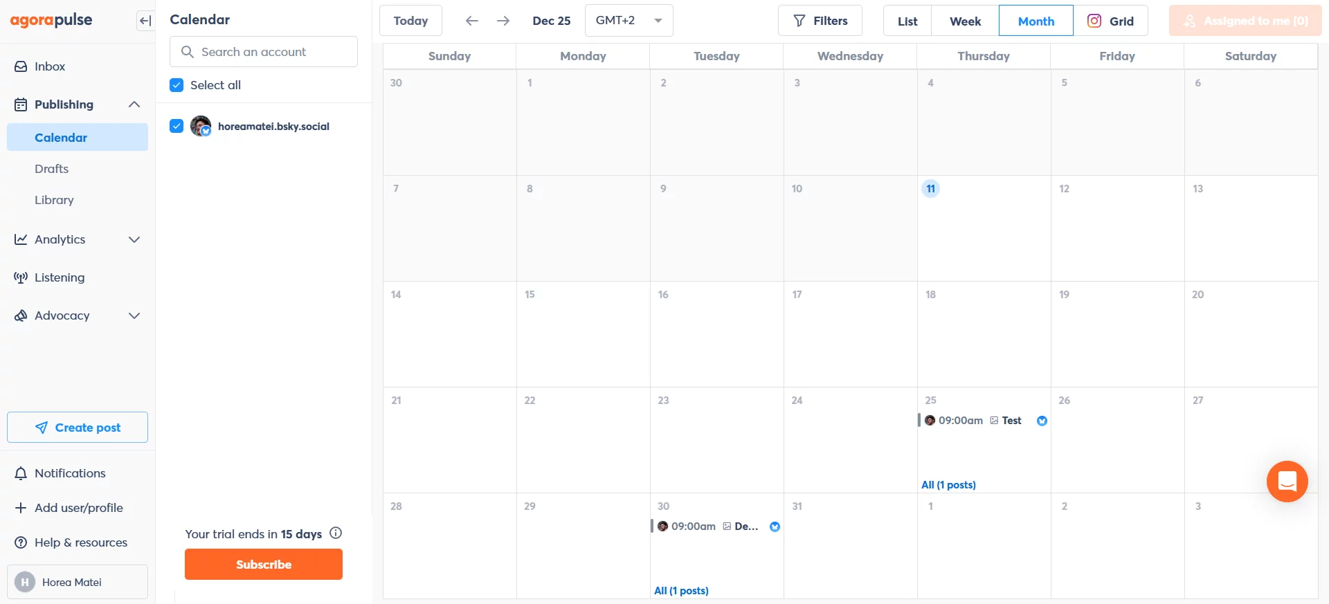 Agorapulse publishing calendar in month view (December), with a left sidebar for inbox/publishing and account selection, and scheduled posts shown on specific dates with time labels.