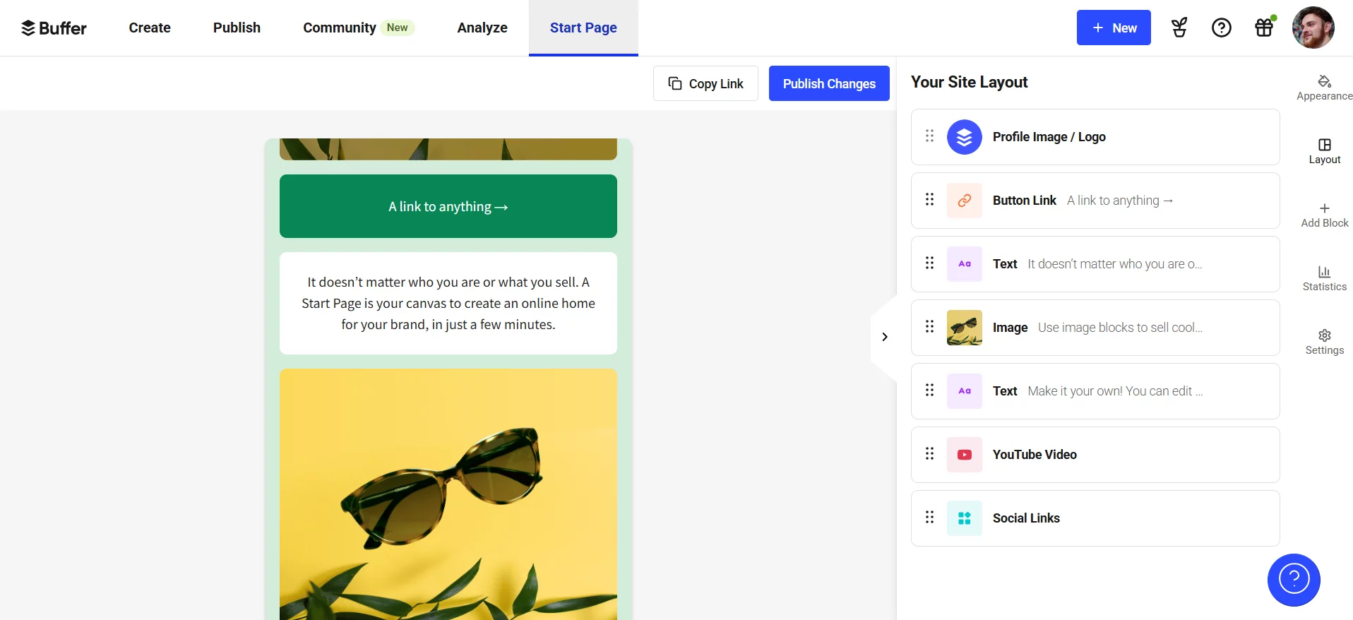 Buffer Start Page editor showing a live mobile preview on the left and a drag-and-drop layout panel on the right with blocks like profile image/logo, button link, text, image, YouTube video, and social links
