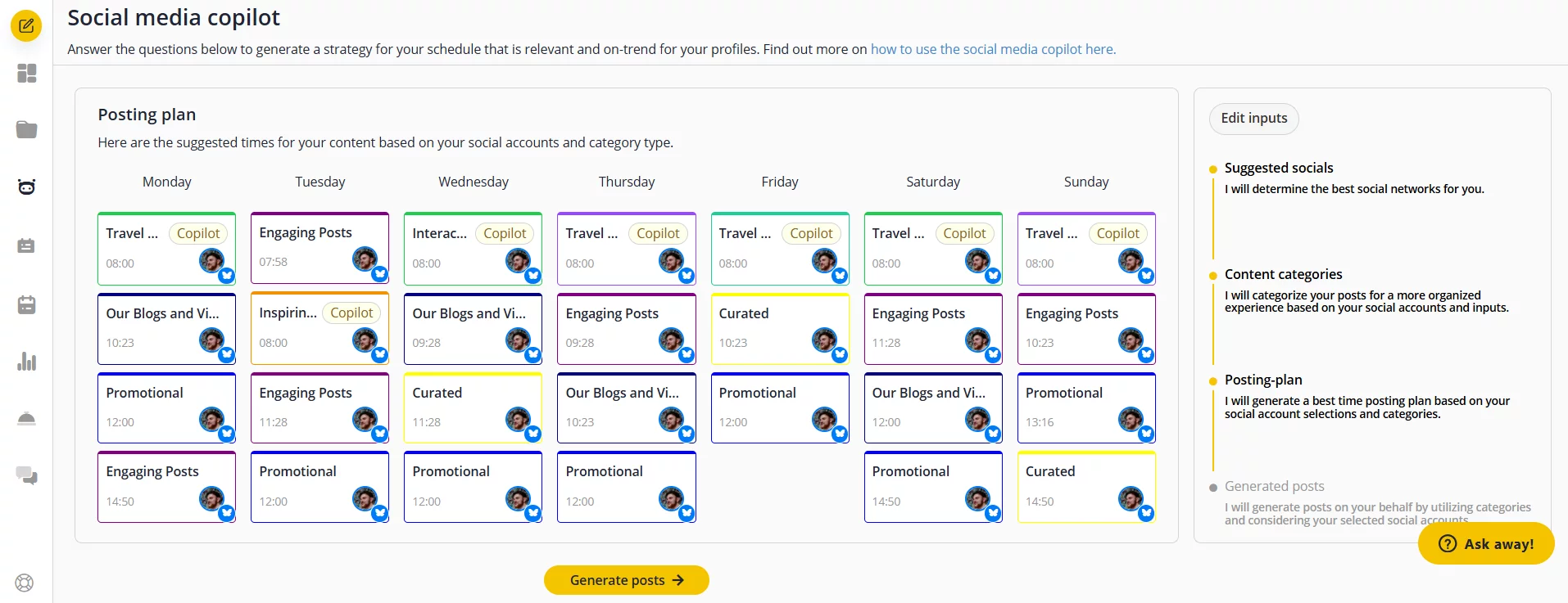 SocialBee ‘Social media copilot’ screen showing a weekly posting plan with suggested time slots and content categories plus a right-side ‘Edit inputs’ panel and a ‘Generate posts’ button.