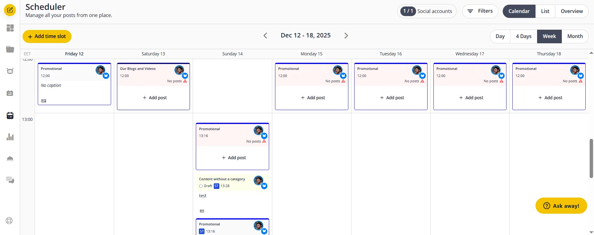 SocialBee Scheduler week calendar view showing scheduled posts organized by content categories with time slots and ‘Add post’ buttons across each day