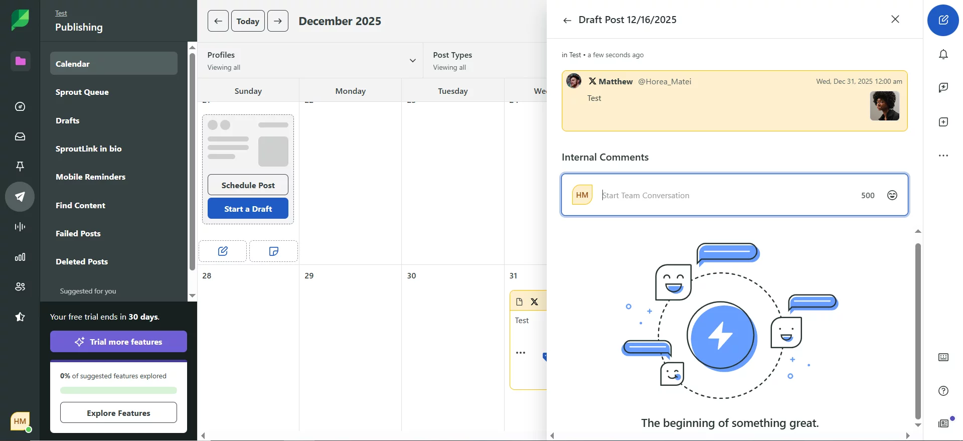 Sprout Social Publishing calendar (December 2025) with a draft post open in a right-side panel, showing the post preview and an ‘Internal Comments’ box to start a team conversation