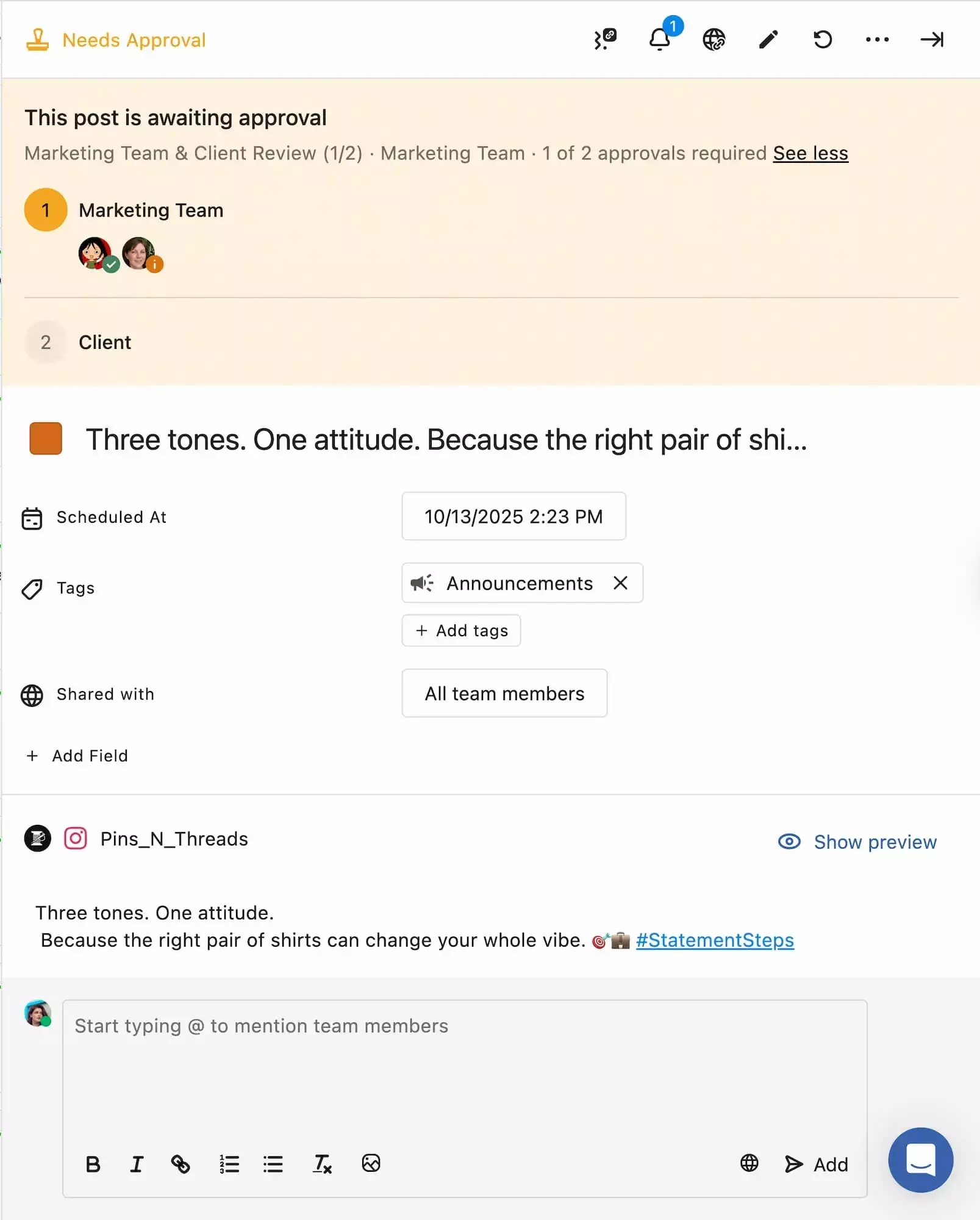 Statusbrew post approval screen showing a ‘Needs Approval’ banner, an approval workflow with two steps, scheduled time and tags, plus a draft post preview and an internal comment box to mention teammates