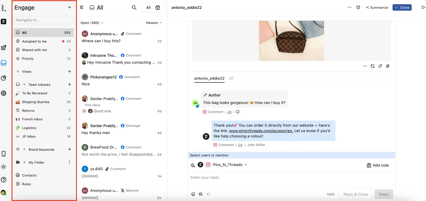 Statusbrew Engage inbox showing a unified message list on the left and a conversation thread on the right, with an Instagram post image preview, incoming comments, and a reply composer with @mention and note options