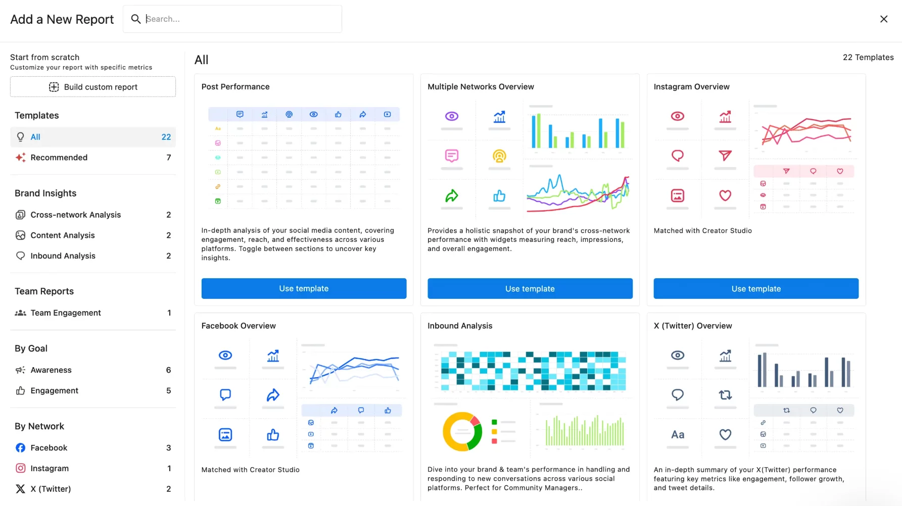 Statusbrew reporting screen showing a gallery of report templates: Post Performance, Multiple Networks Overview, Instagram Overview, Facebook Overview, Inbound Analysis, and X (Twitter) Overview with a left sidebar to build a custom report and filter templates by insights, goal, and network