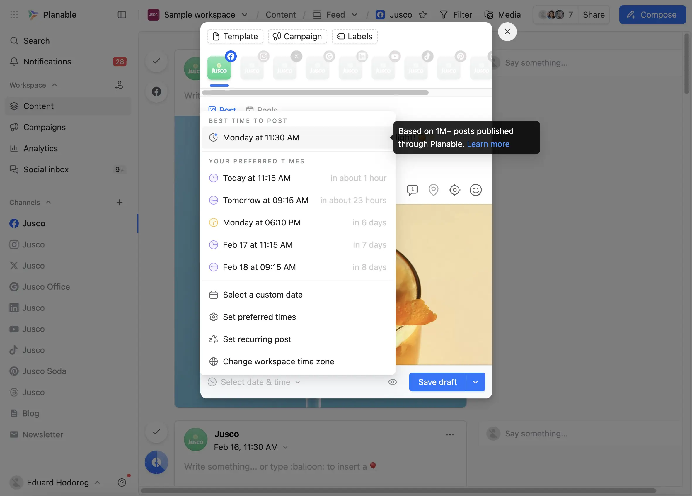 Planable scheduling menu recommending the best time to post and listing preferred publishing times.