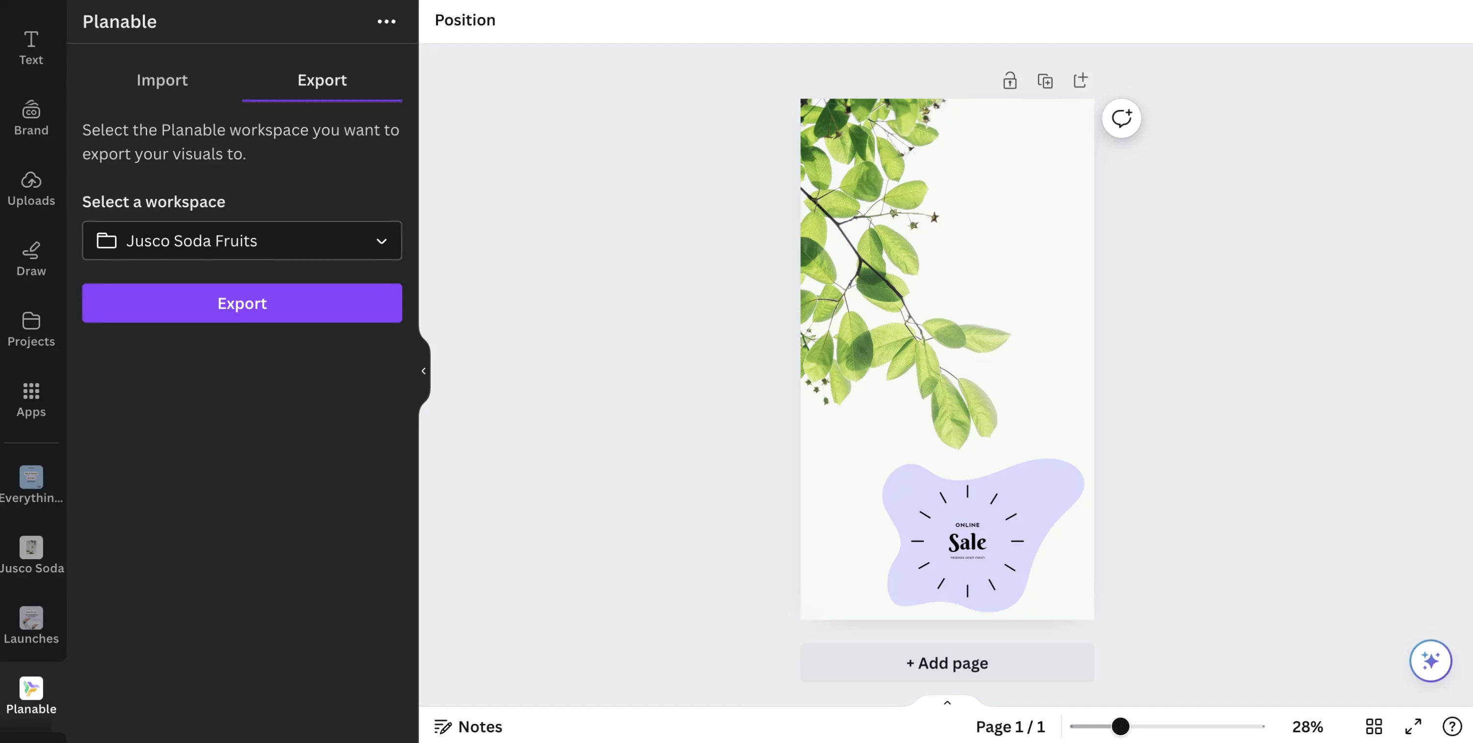 Planable editor with Canva export panel and social post design preview featuring leaves and sale graphic