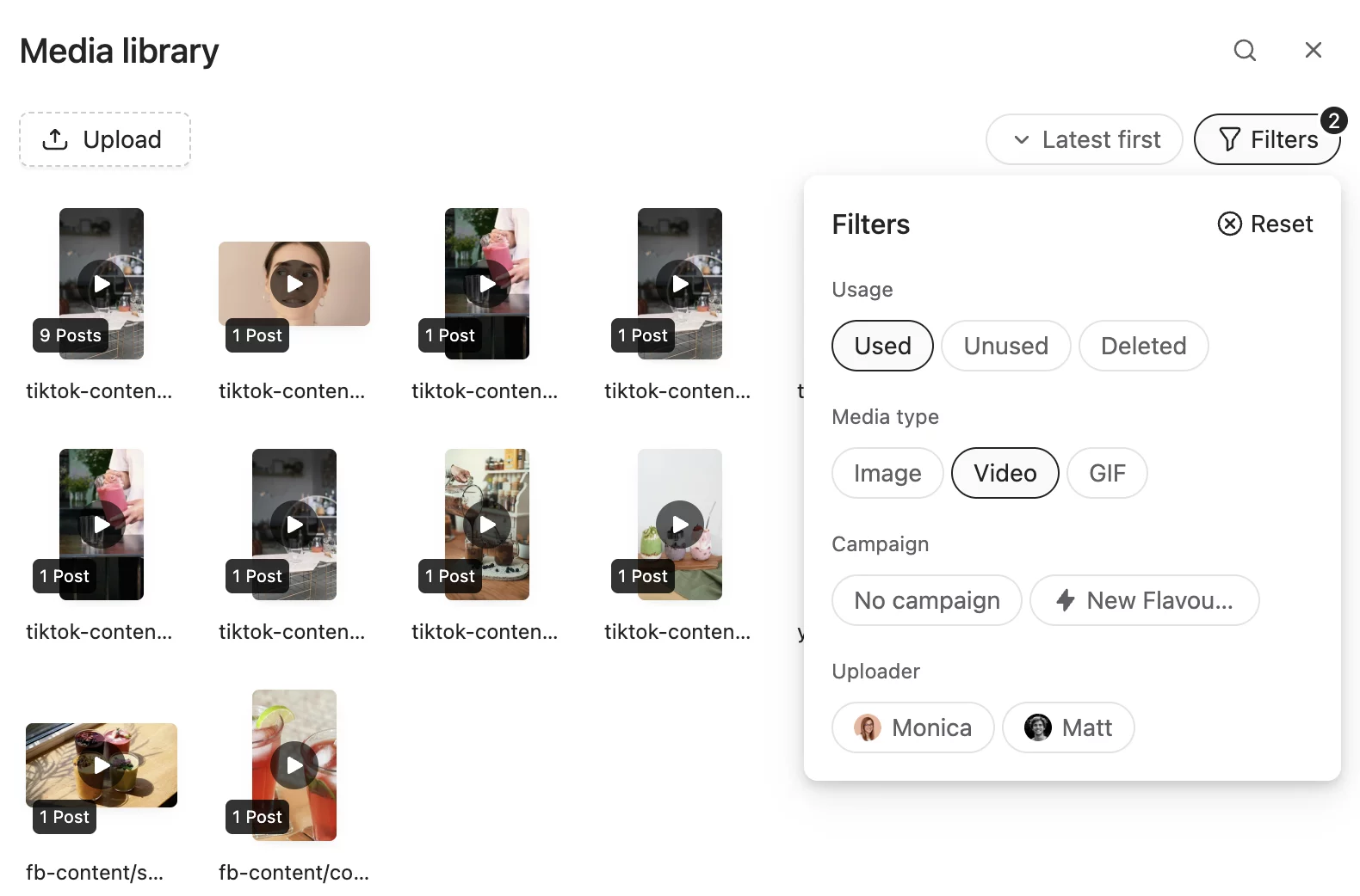 Planable media library filters panel showing usage, media type, campaign, and uploader options