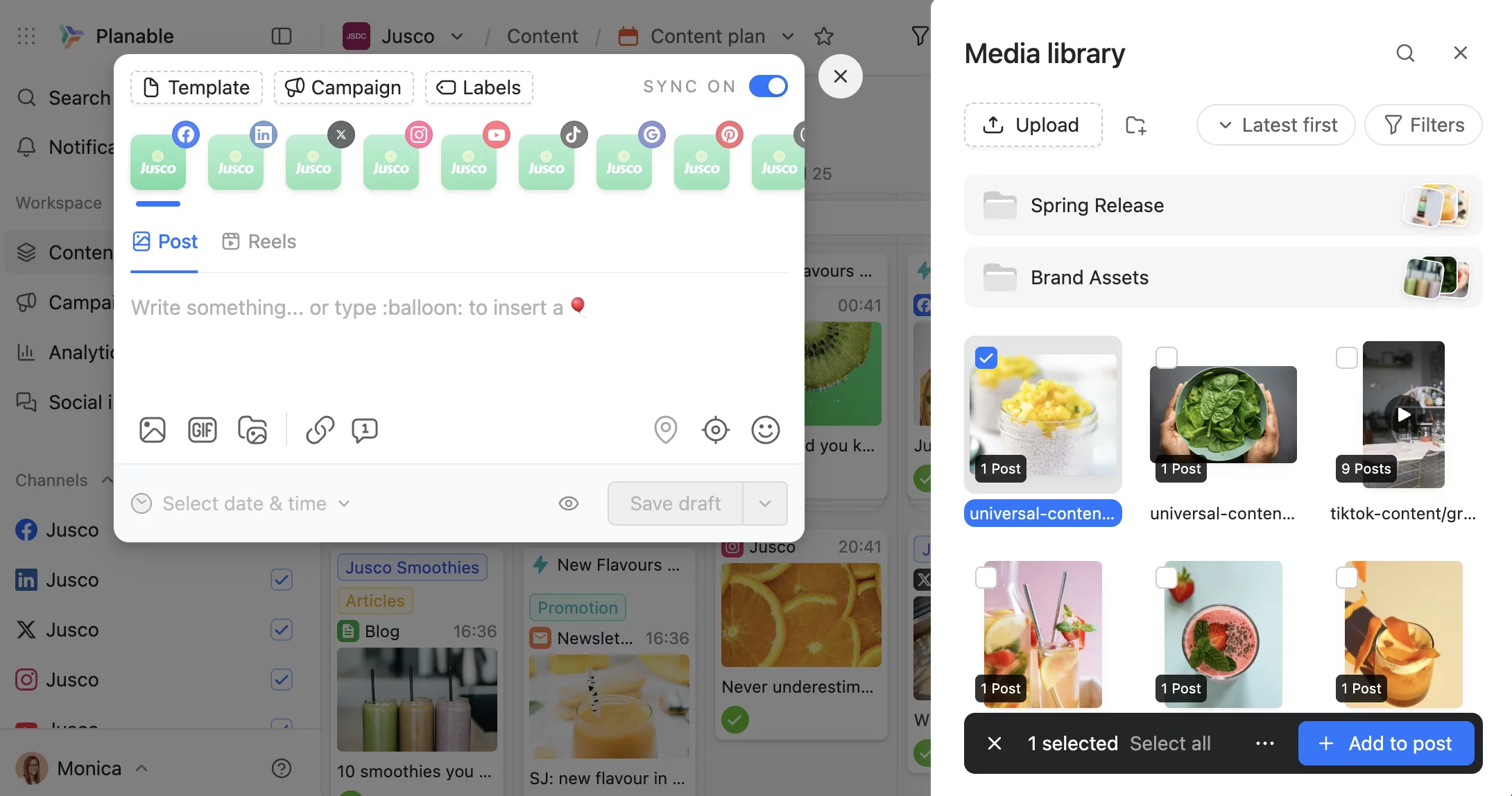 Planable media library displaying image and video thumbnails with upload button and sorting options