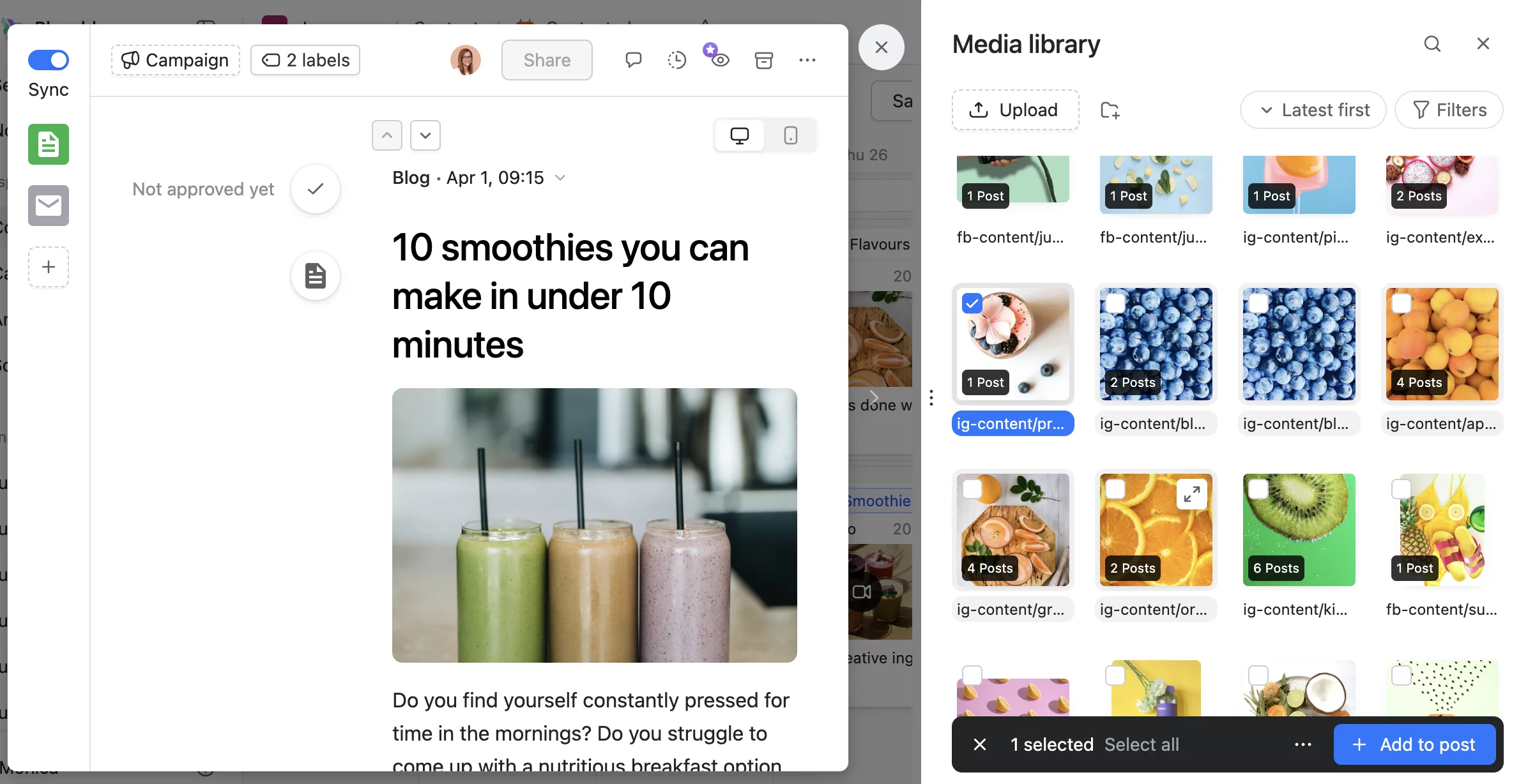 Newsletter editor in Planable showing smoothie article preview and media library selection panel