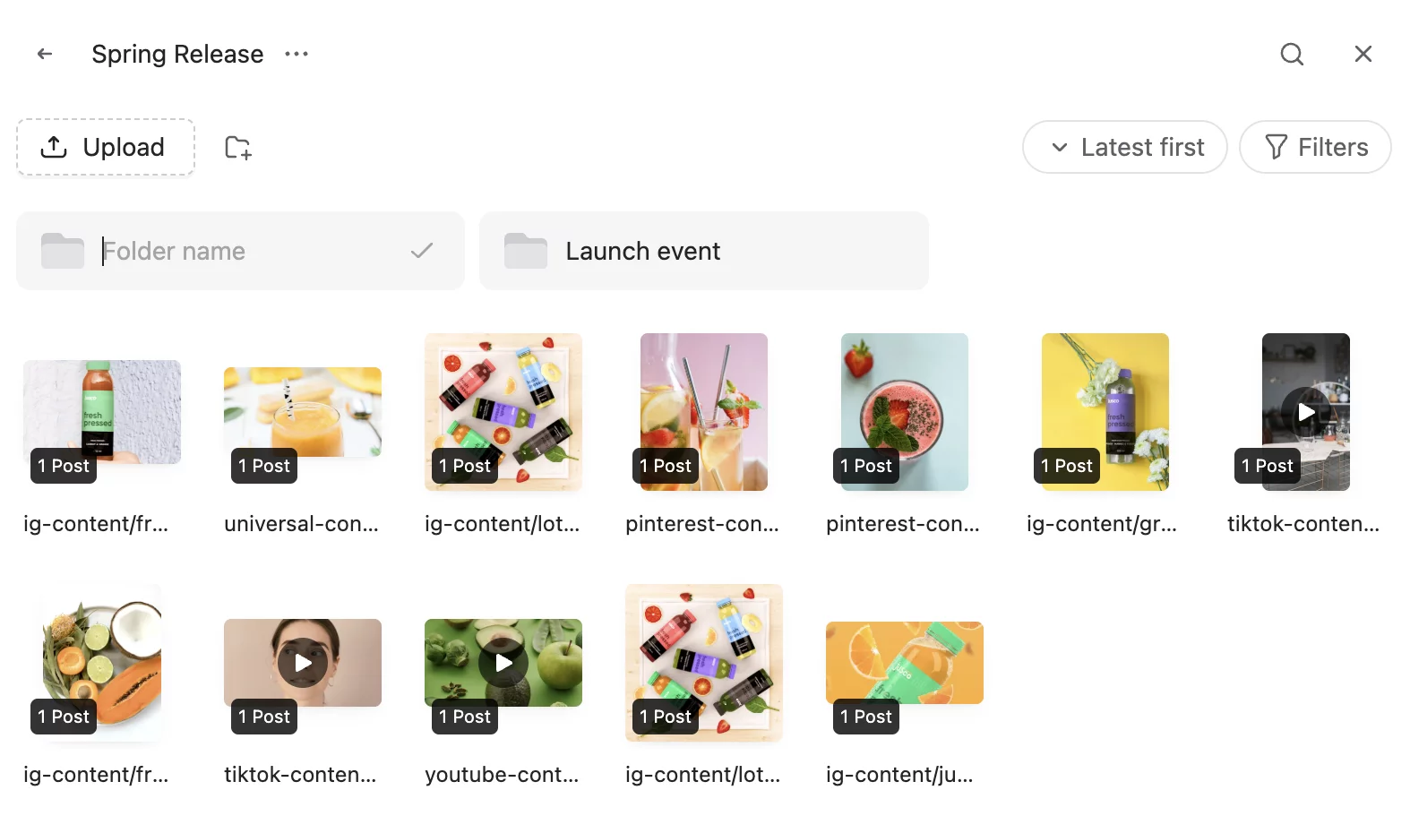 Planable media library organized into folders like Spring Release and Brand Assets with content thumbnails