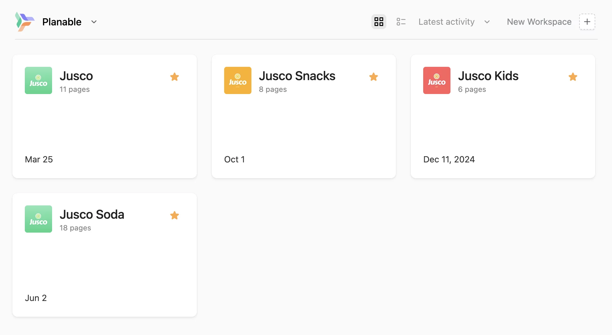 Planable dashboard showing multiple Jusco workspaces with pages count and dates for content organization