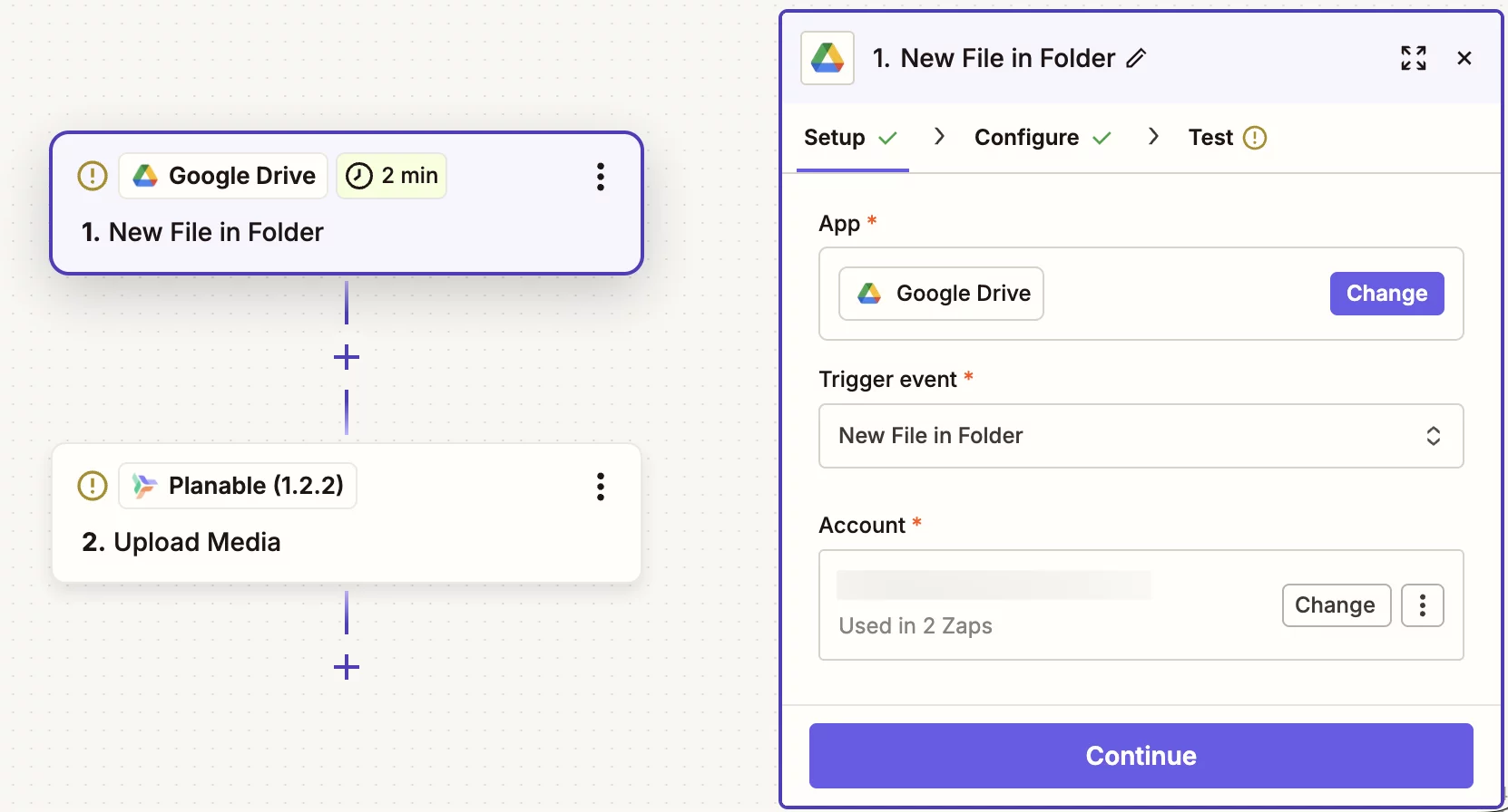 Zapier workflow connecting Google Drive to Planable media upload with automation steps configured