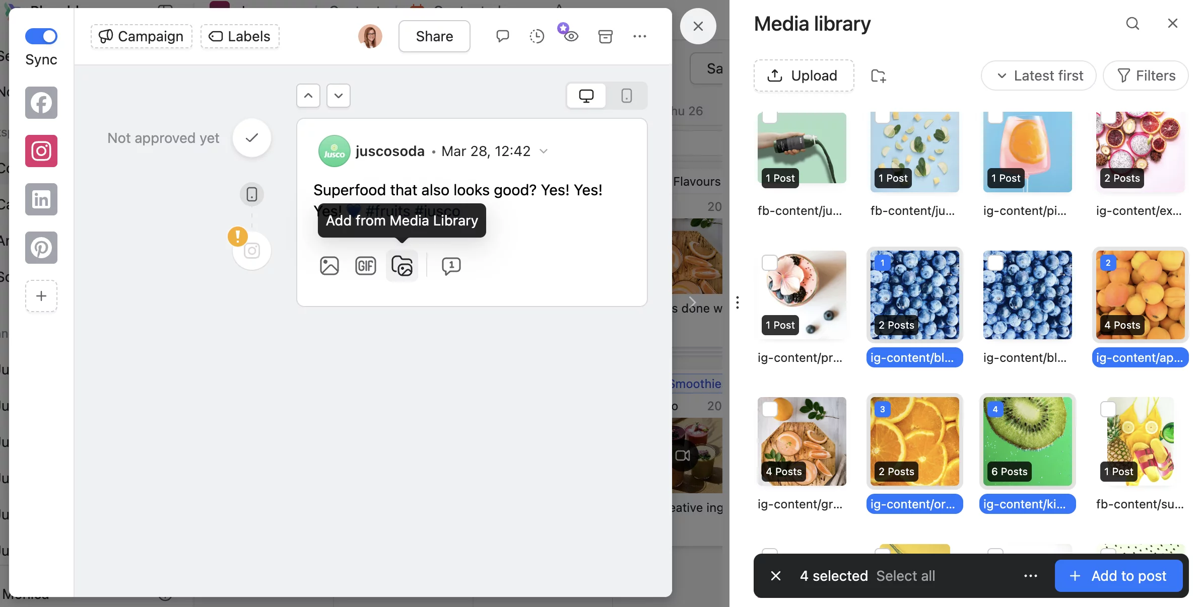 Planable post editor with caption and media library showing selected fruit images ready for publishing