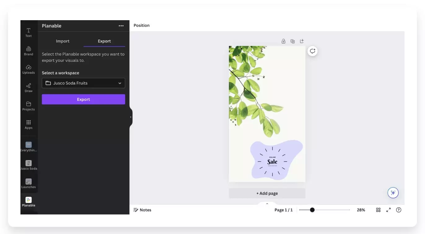 Canva interface exporting design to Planable workspace with social post preview and export settings panel