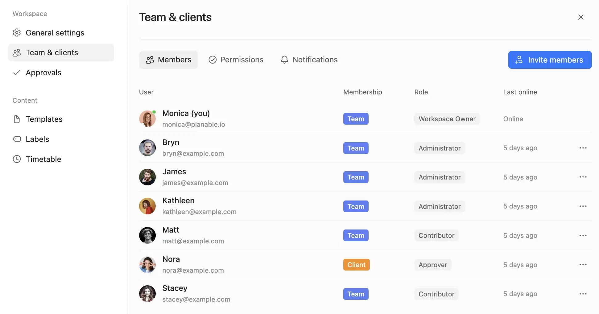 Team members list showing roles like admin, contributor and client with last active status