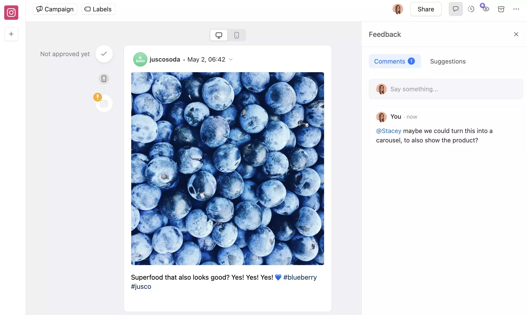 ocial post with blueberries and user mention suggesting turning post into carousel format