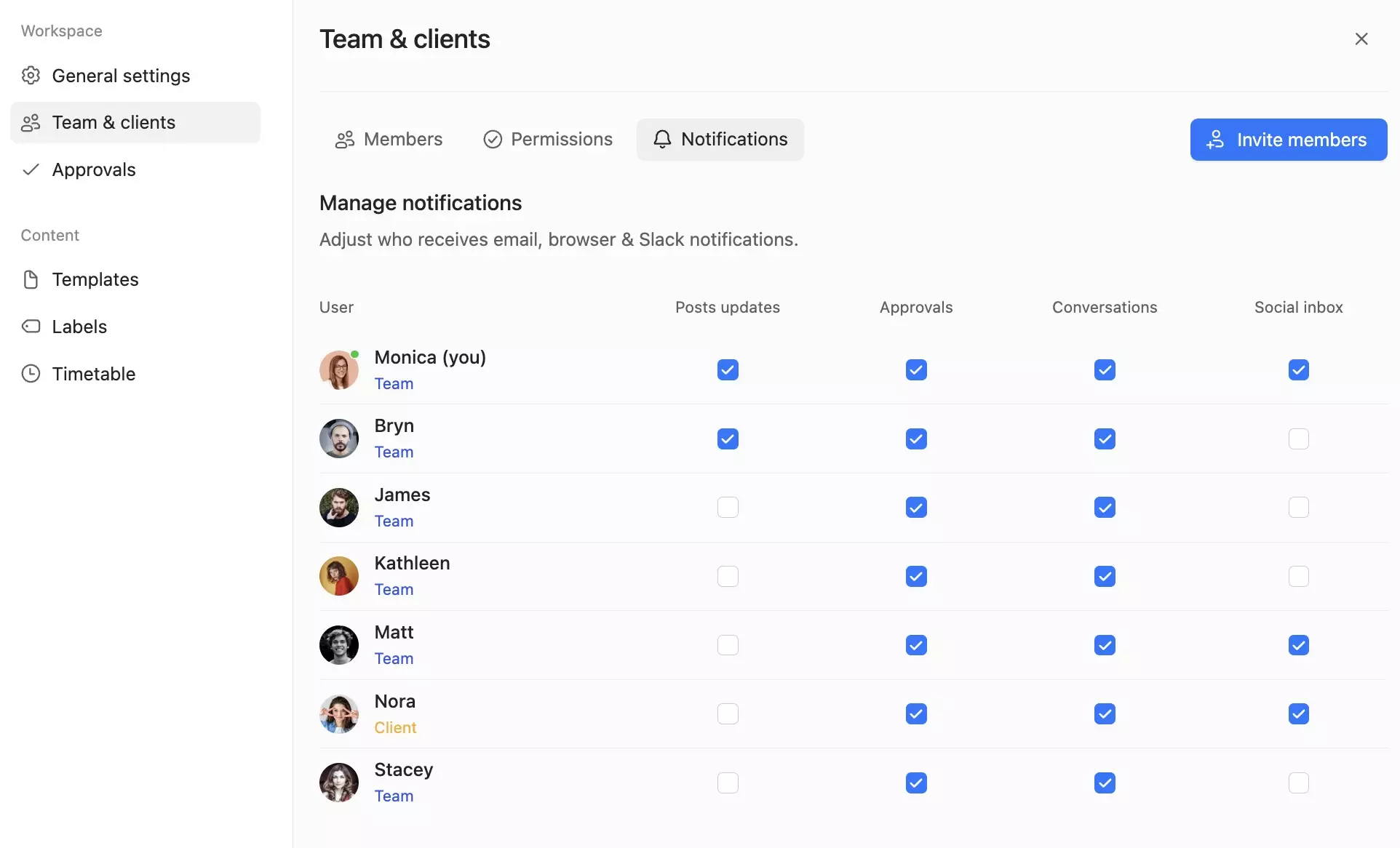 Notification settings showing user preferences for posts, approvals, conversations and inbox