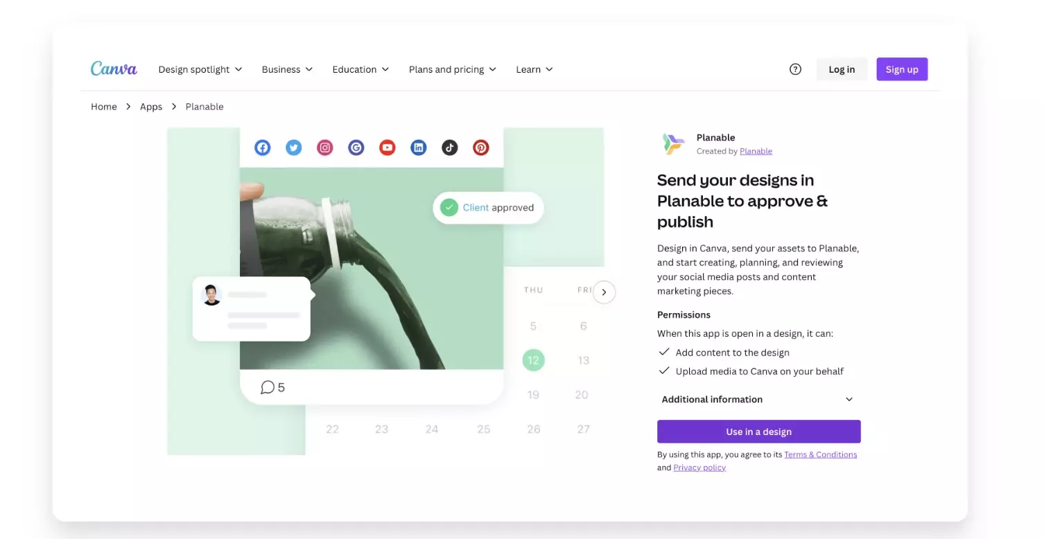 Canva app page for Planable integration showing social media approval workflow and publish feature