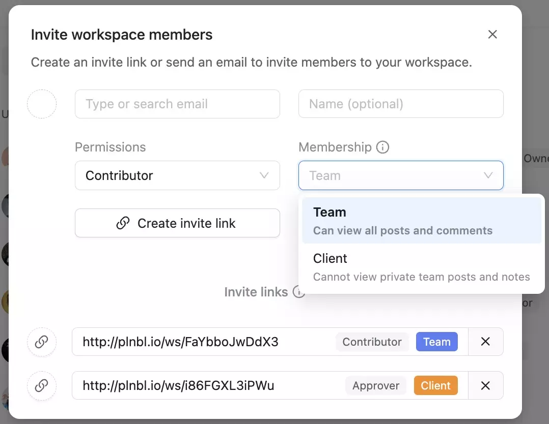 Invite members modal showing team and client membership options with permissions