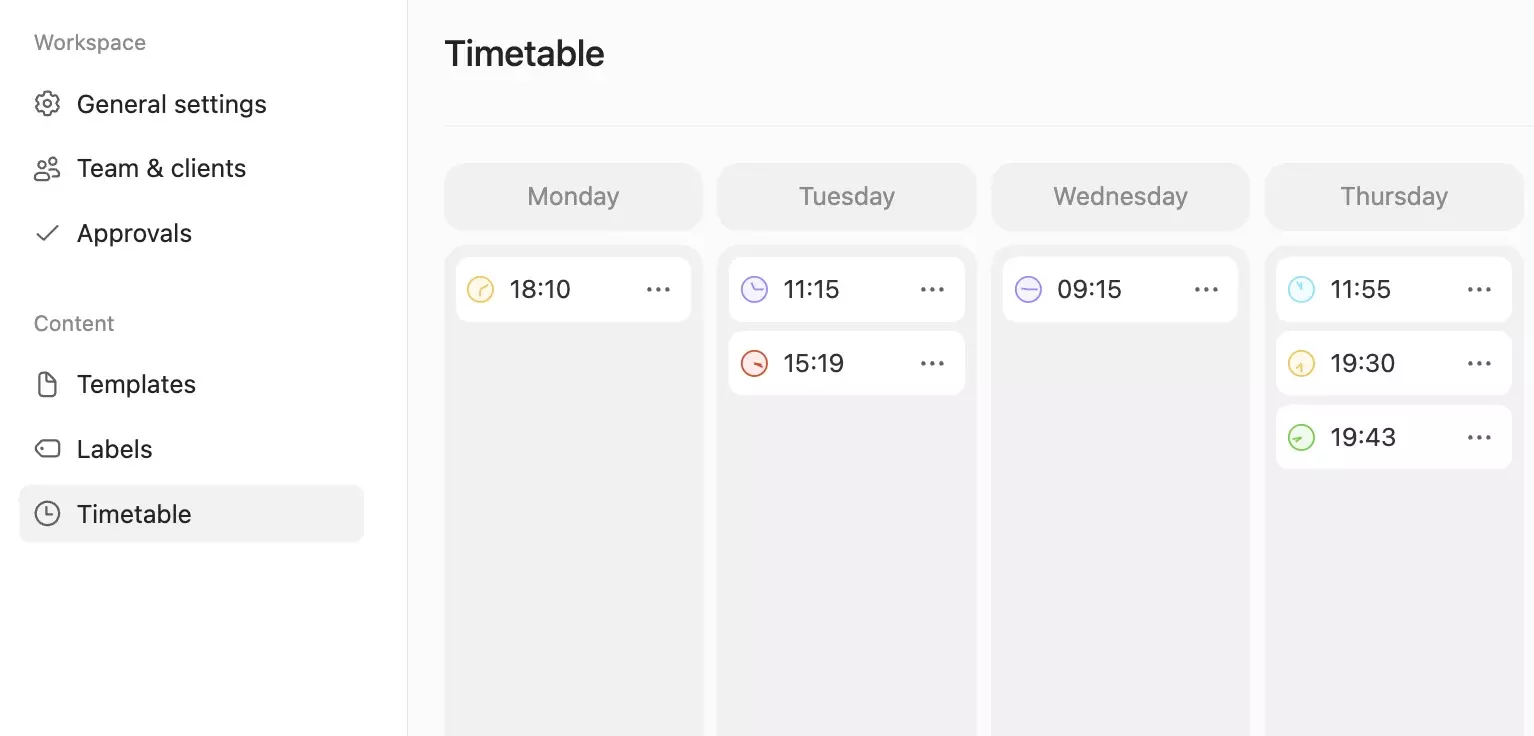 Weekly timetable showing scheduled posting times across Monday to Thursday
