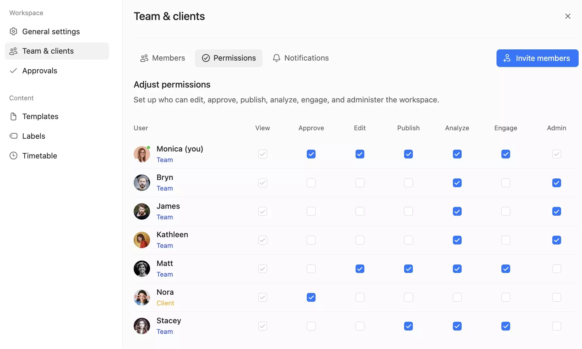 Membership dropdown showing team and client access differences in Planable