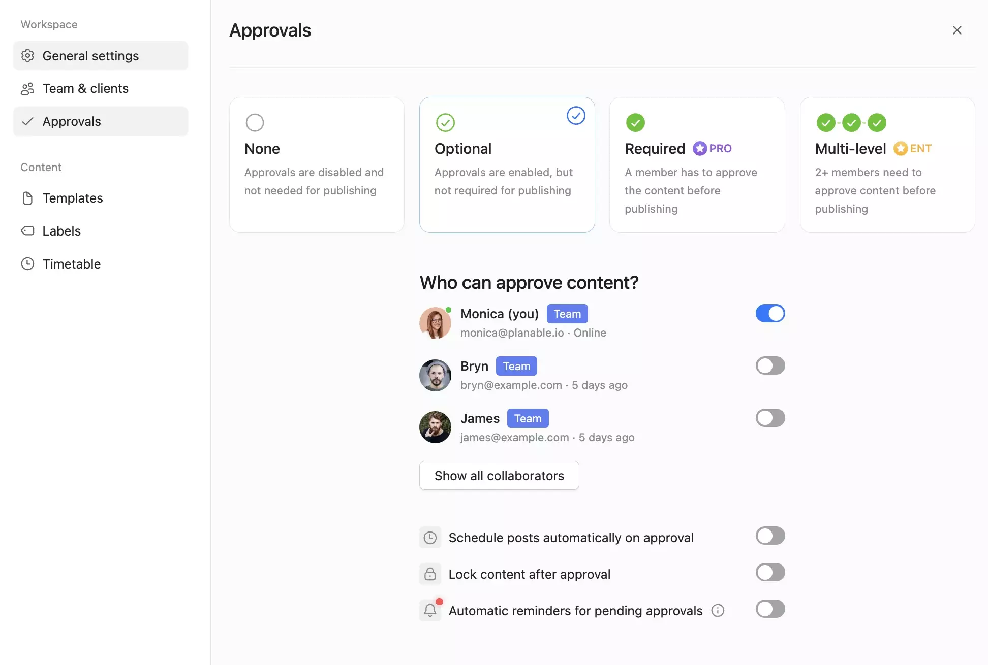 Approval settings showing optional, required and multi-level approval options with team members list